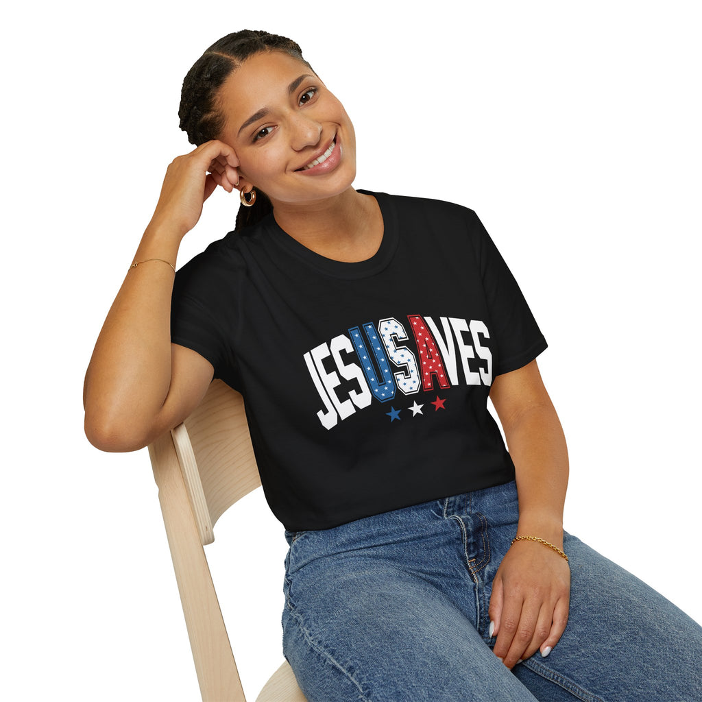 T-Shirt — JESUS SAVES Patriotic Christian Tee (Red White Blue)