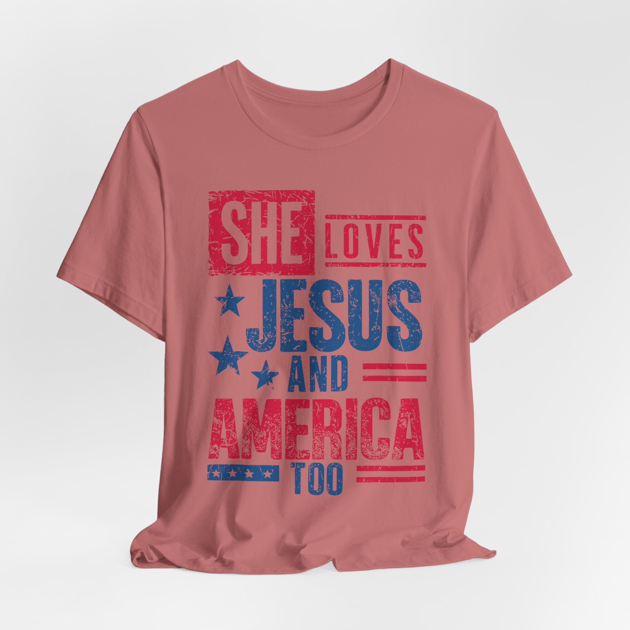 Faith & Freedom Distressed T-Shirt — "She Loves Jesus and America Too"