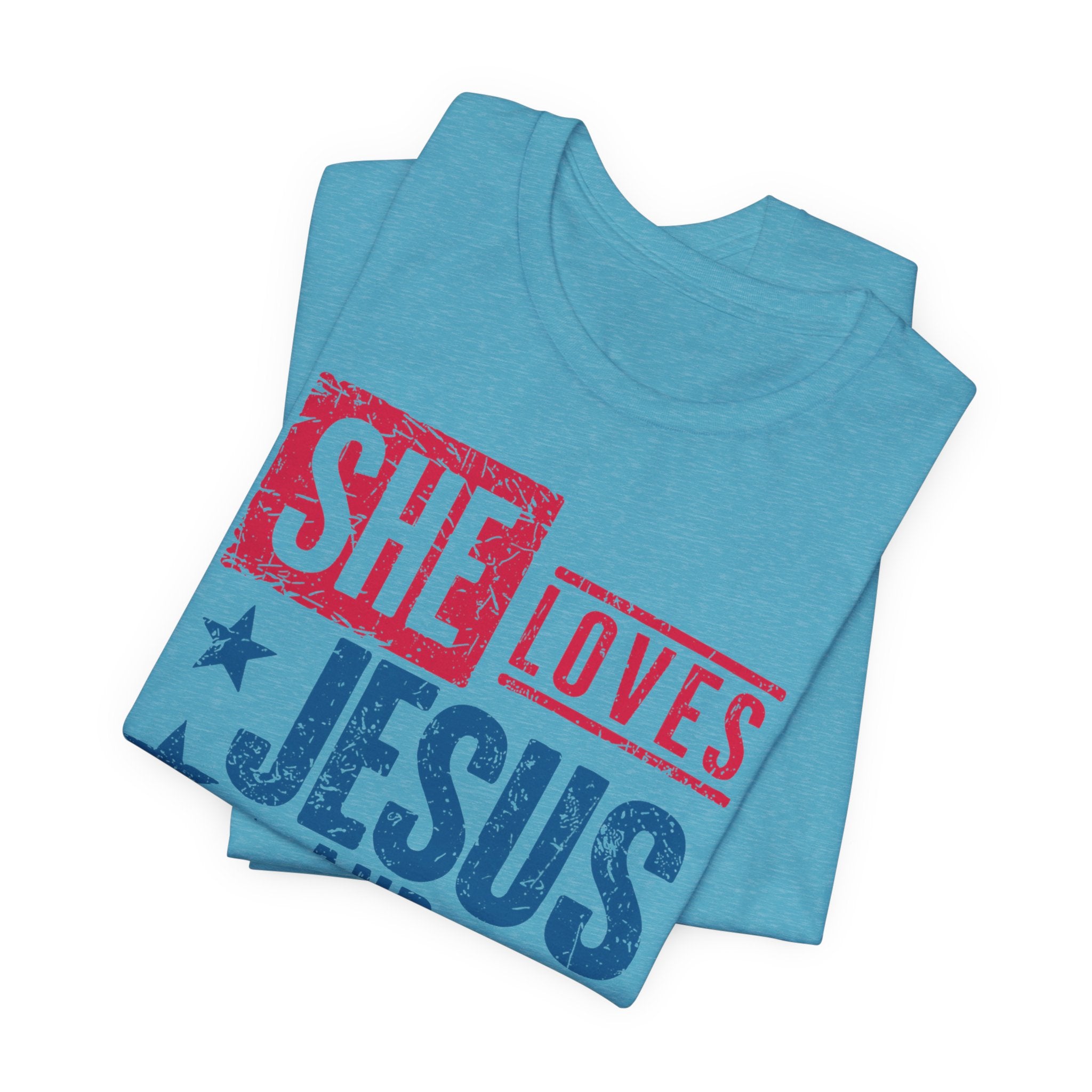 Faith & Freedom Distressed T-Shirt — "She Loves Jesus and America Too"