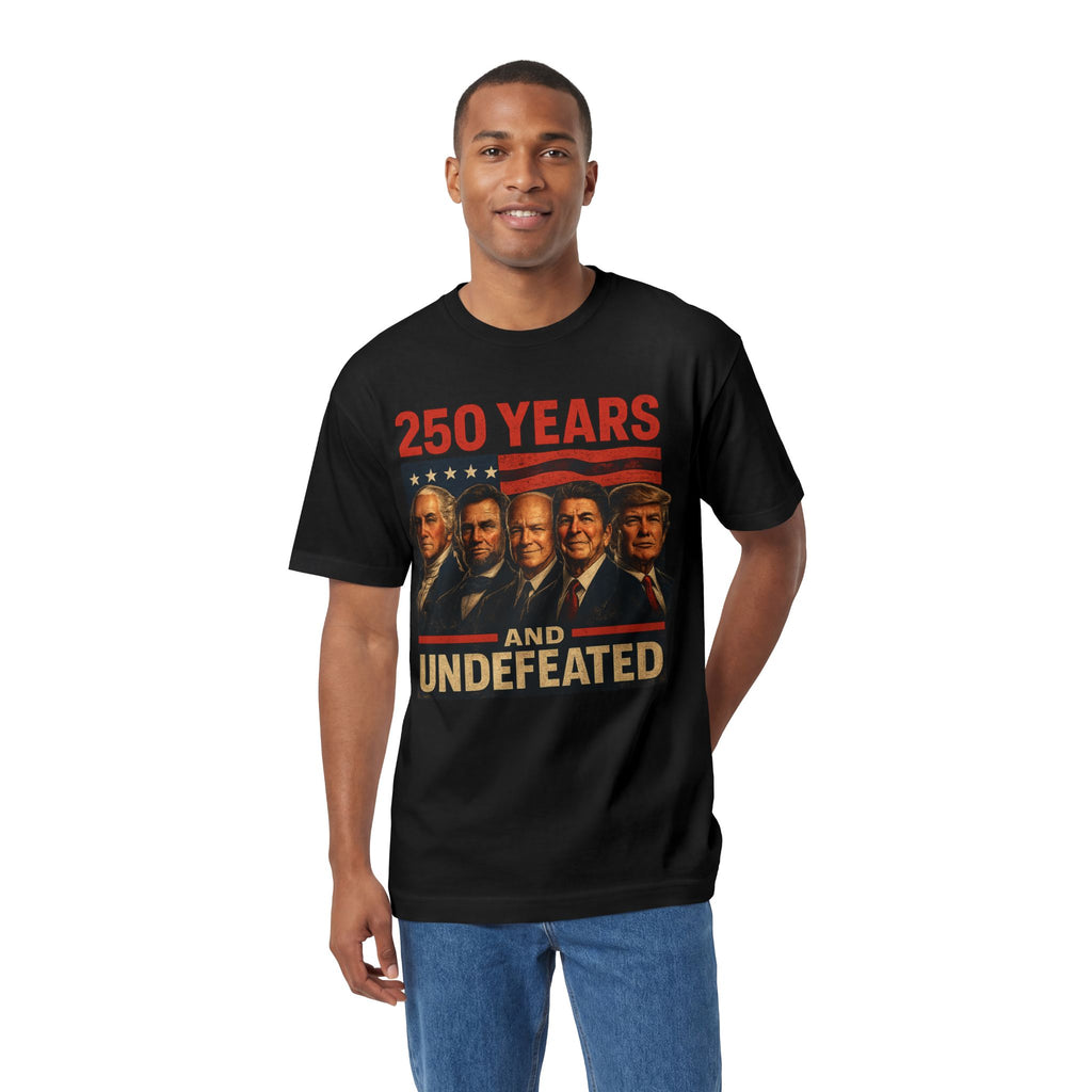 250th Patriotic Presidents Tee — Washington, Lincoln, Eisenhower, Reagan & Trump
