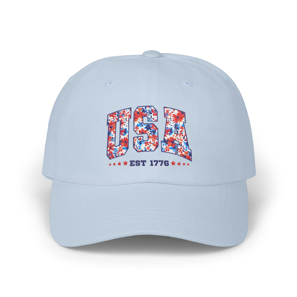 Patriotic Floral Dad Cap — Vintage American Flag Flower Baseball Hat