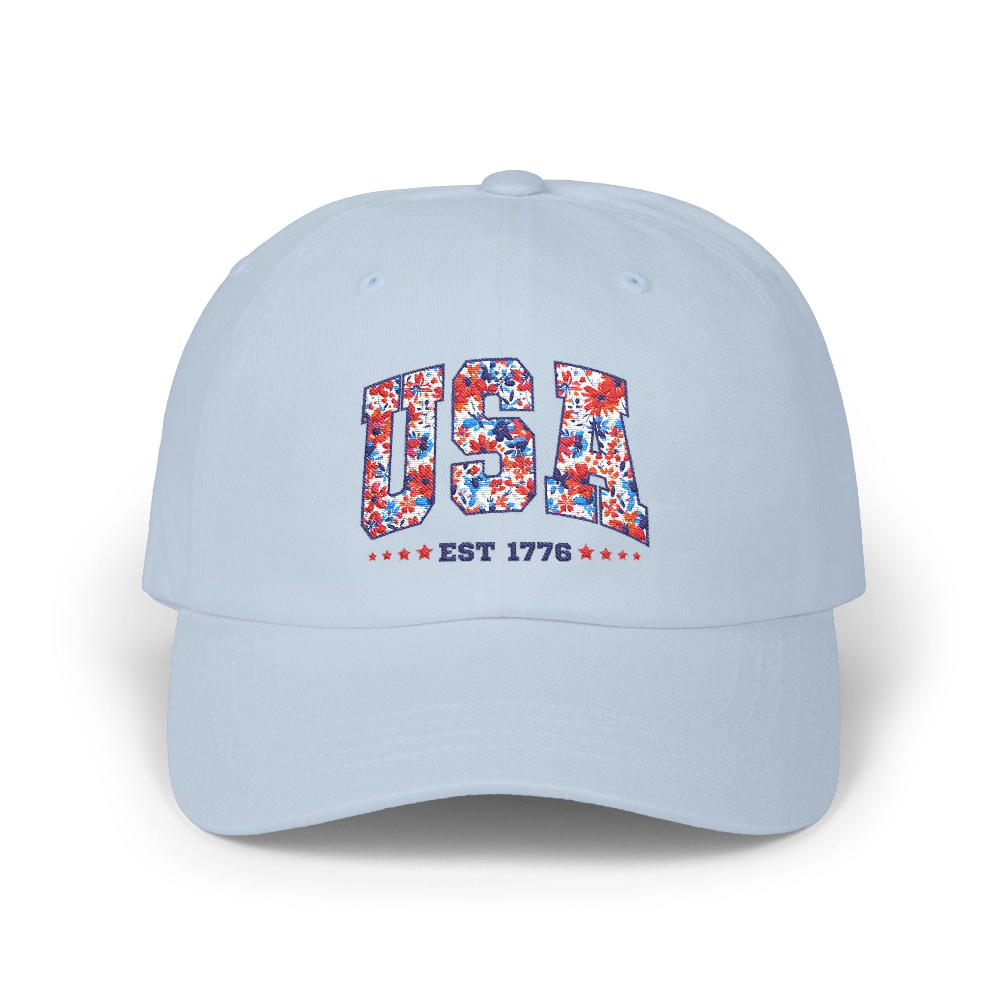 Patriotic Floral Dad Cap — Vintage American Flag Flower Baseball Hat