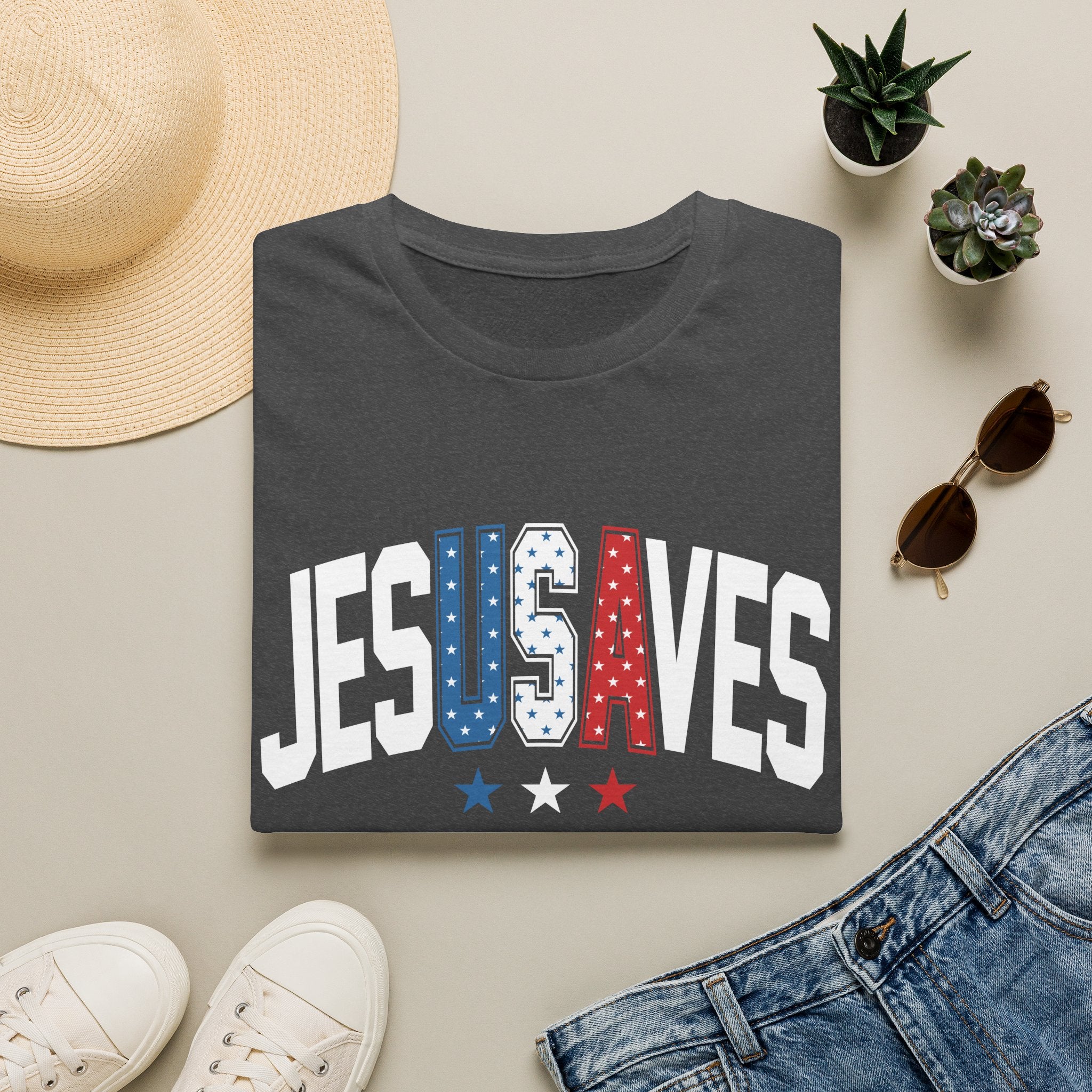 T-Shirt — JESUS SAVES Patriotic Christian Tee (Red White Blue)