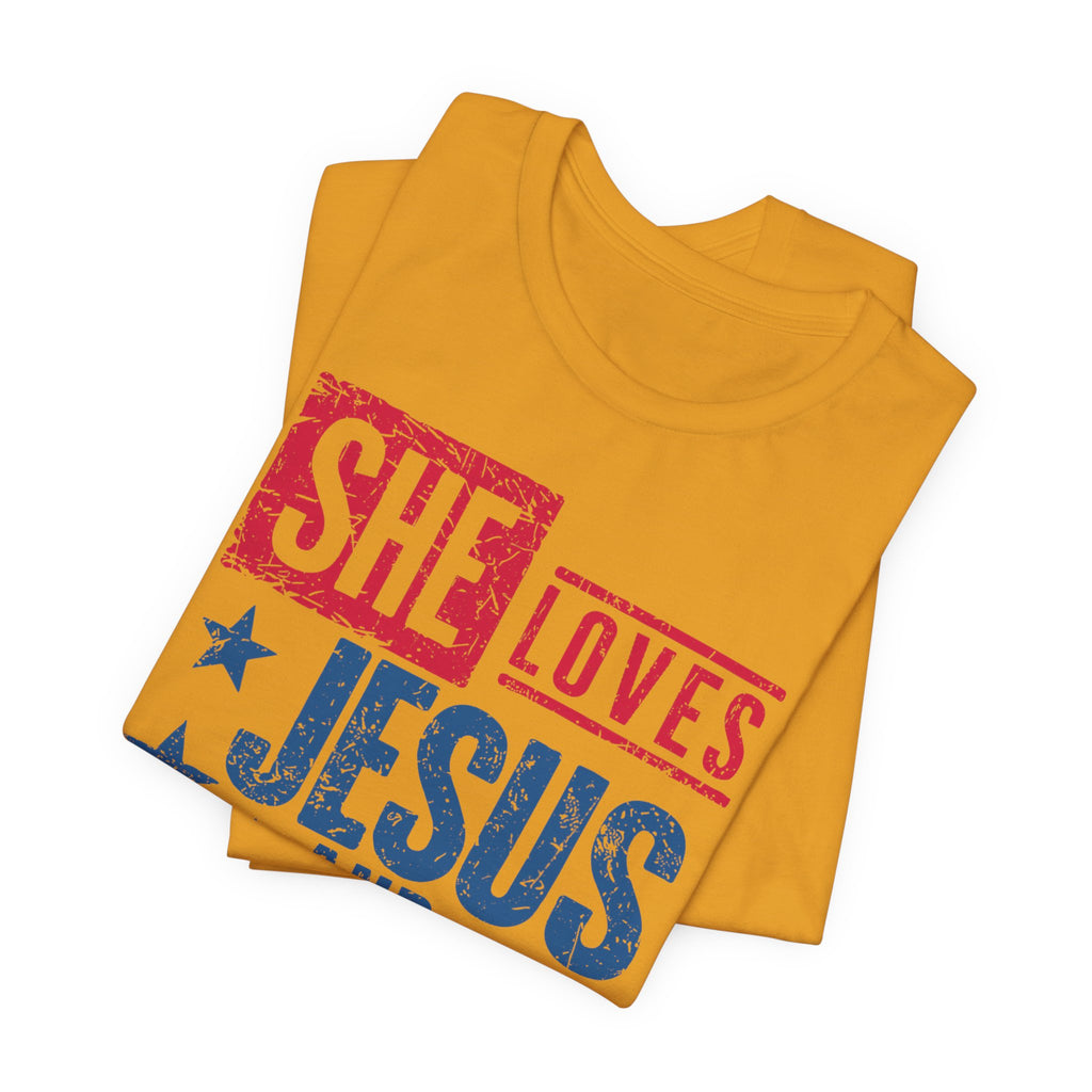 Faith & Freedom Distressed T-Shirt — "She Loves Jesus and America Too"