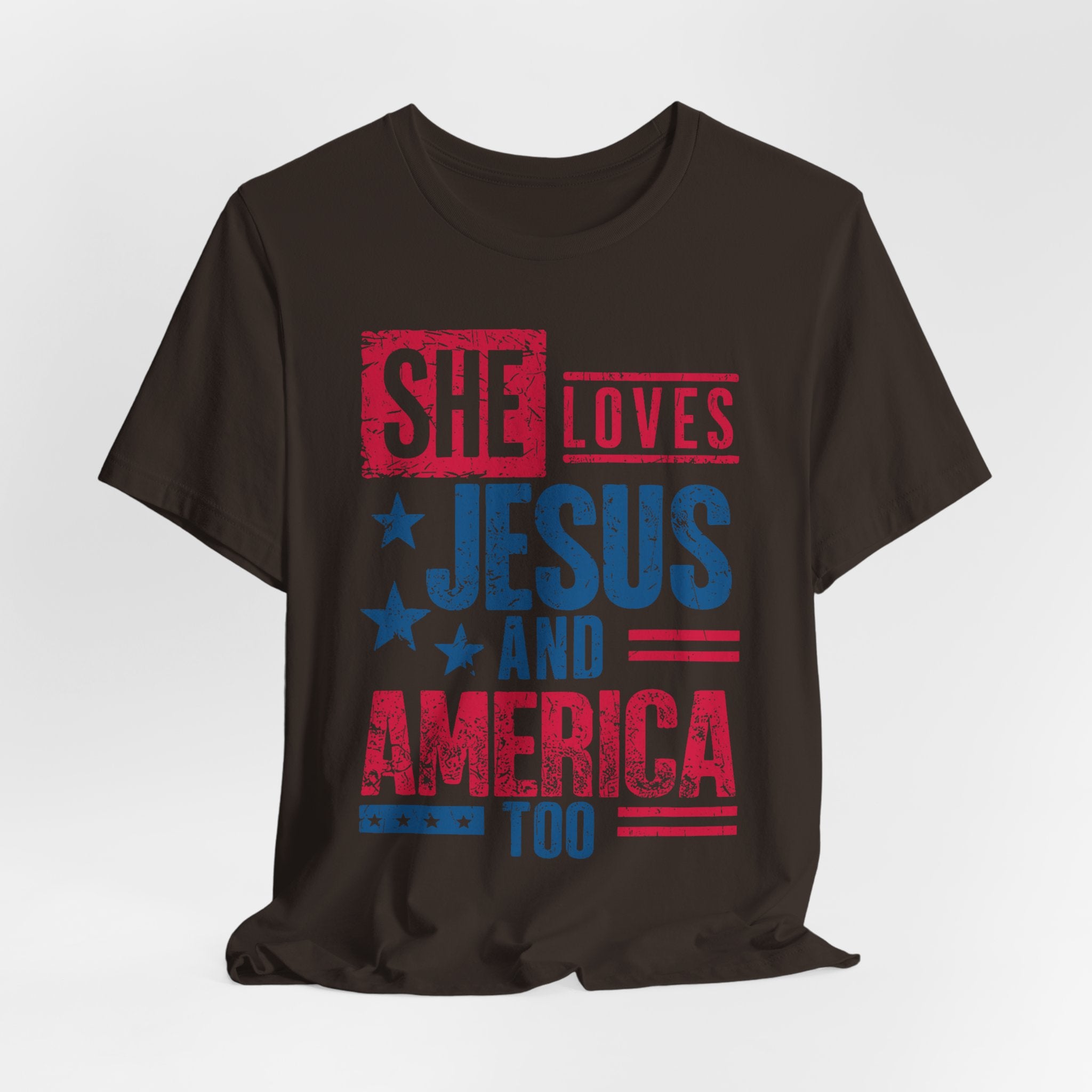 Faith & Freedom Distressed T-Shirt — "She Loves Jesus and America Too"