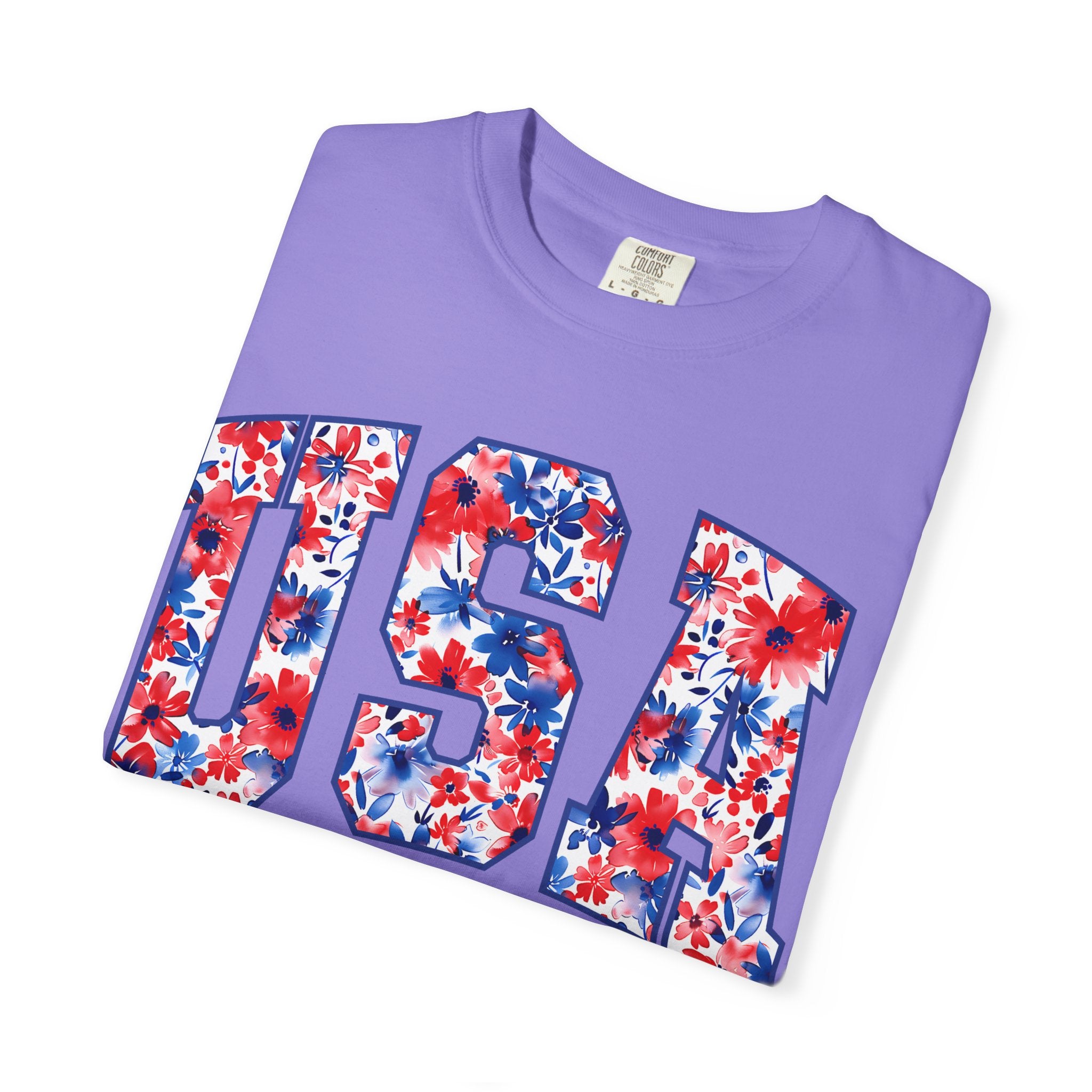 USA Floral Flag T-Shirt — "EST 1776" Patriotic Fourth of July Tee