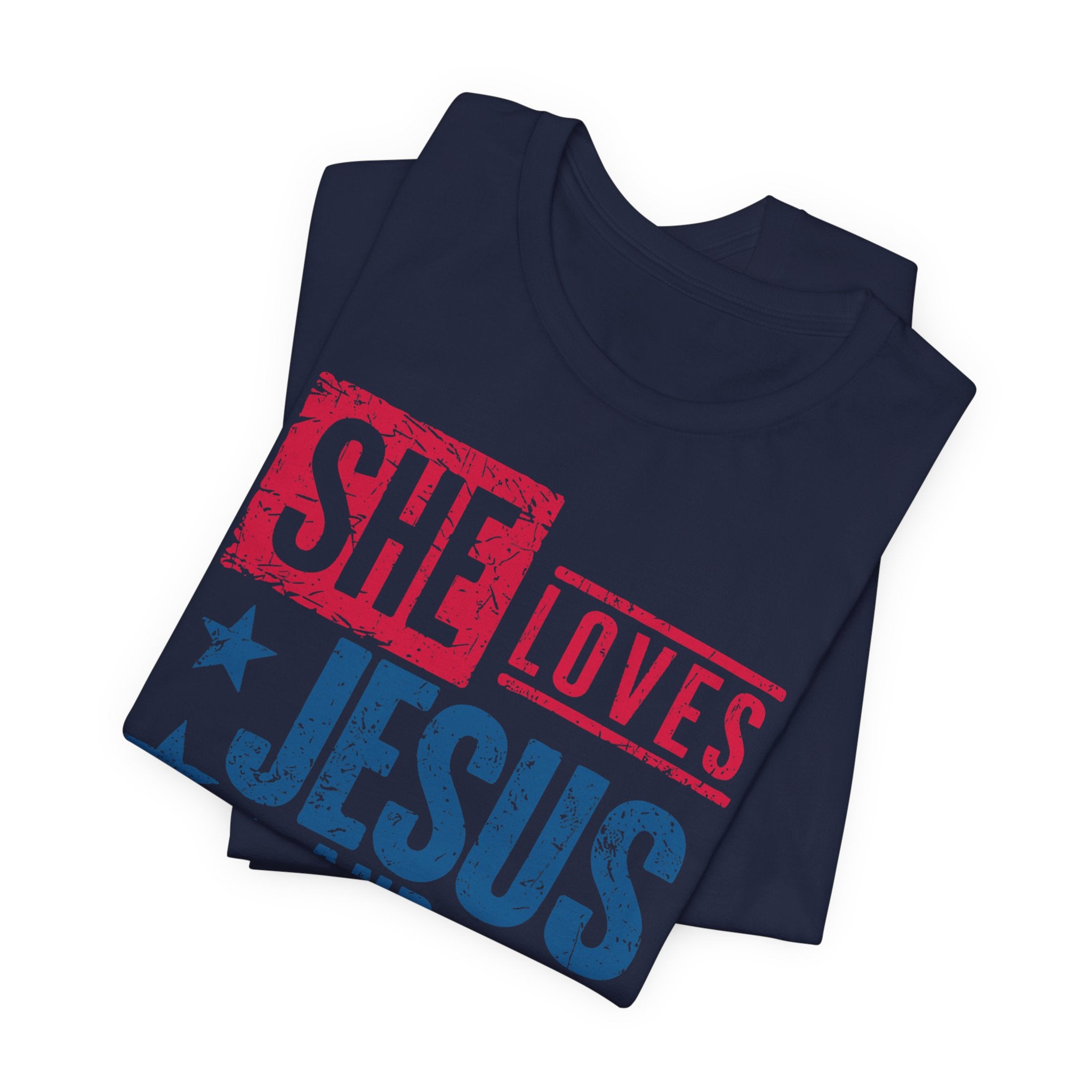 Faith & Freedom Distressed T-Shirt — "She Loves Jesus and America Too"