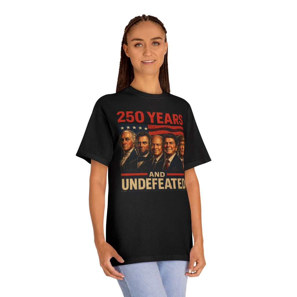250th Patriotic Presidents Tee — Washington, Lincoln, Eisenhower, Reagan & Trump