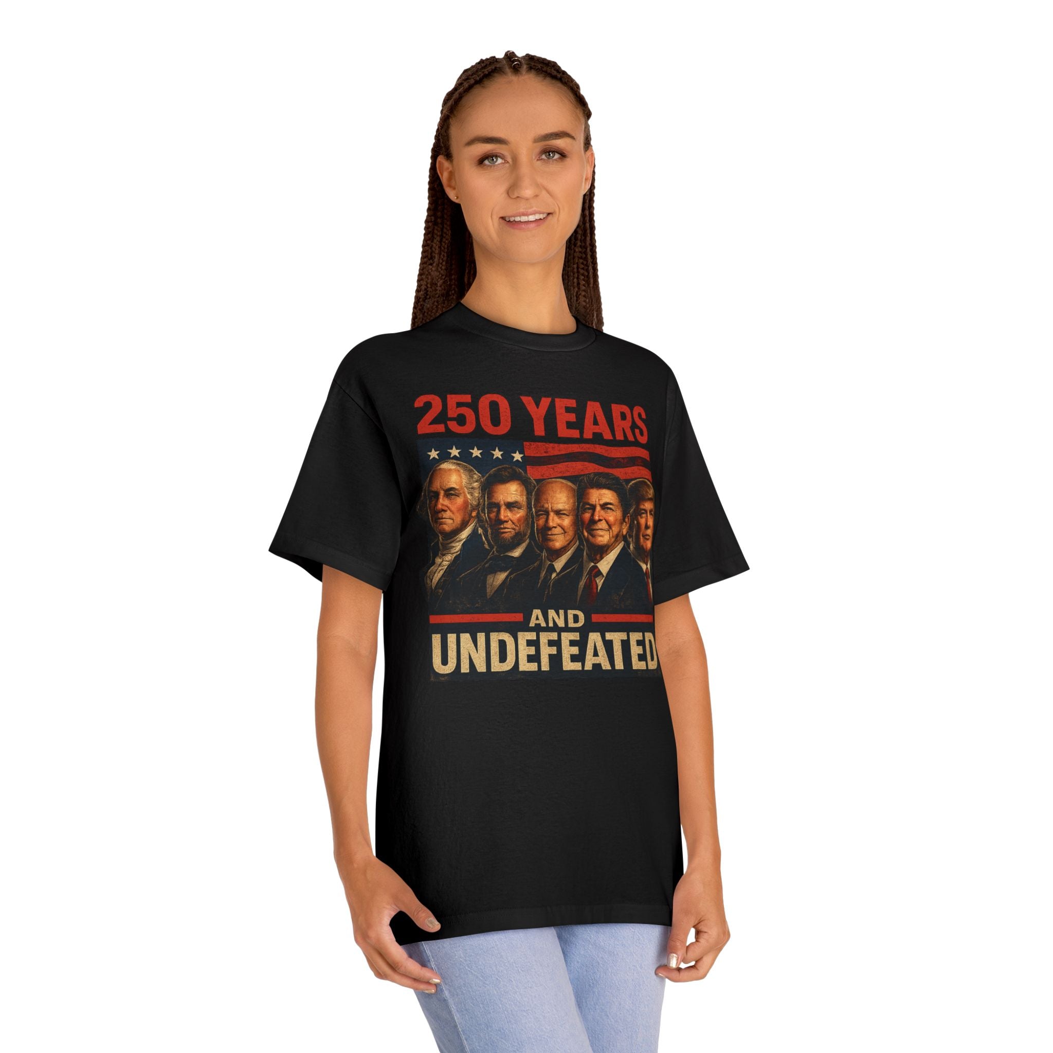 250th Patriotic Presidents Tee — Washington, Lincoln, Eisenhower, Reagan & Trump