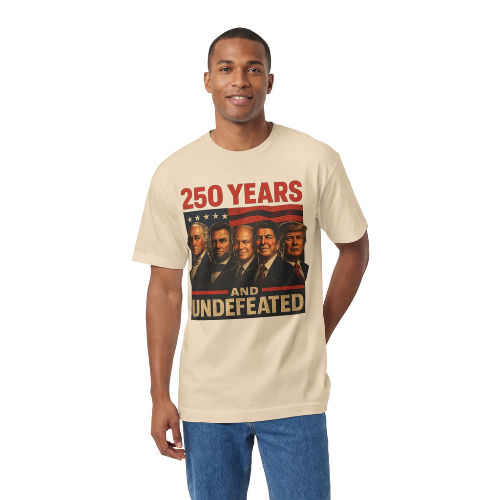 250th Patriotic Presidents Tee — Washington, Lincoln, Eisenhower, Reagan & Trump