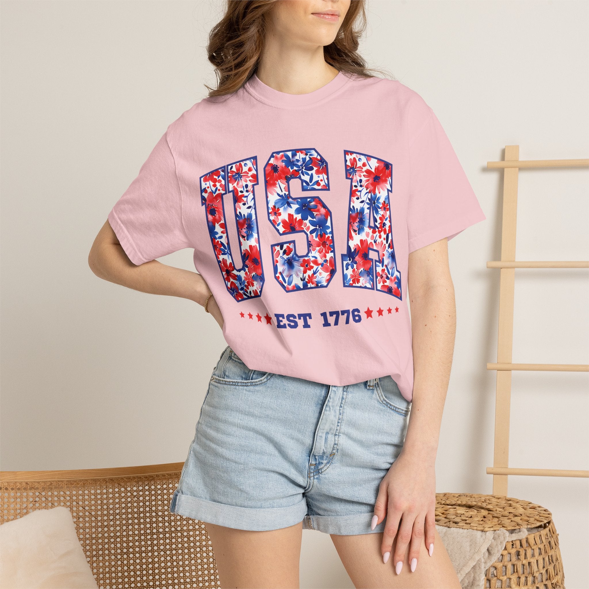 USA Floral Flag T-Shirt — "EST 1776" Patriotic Fourth of July Tee