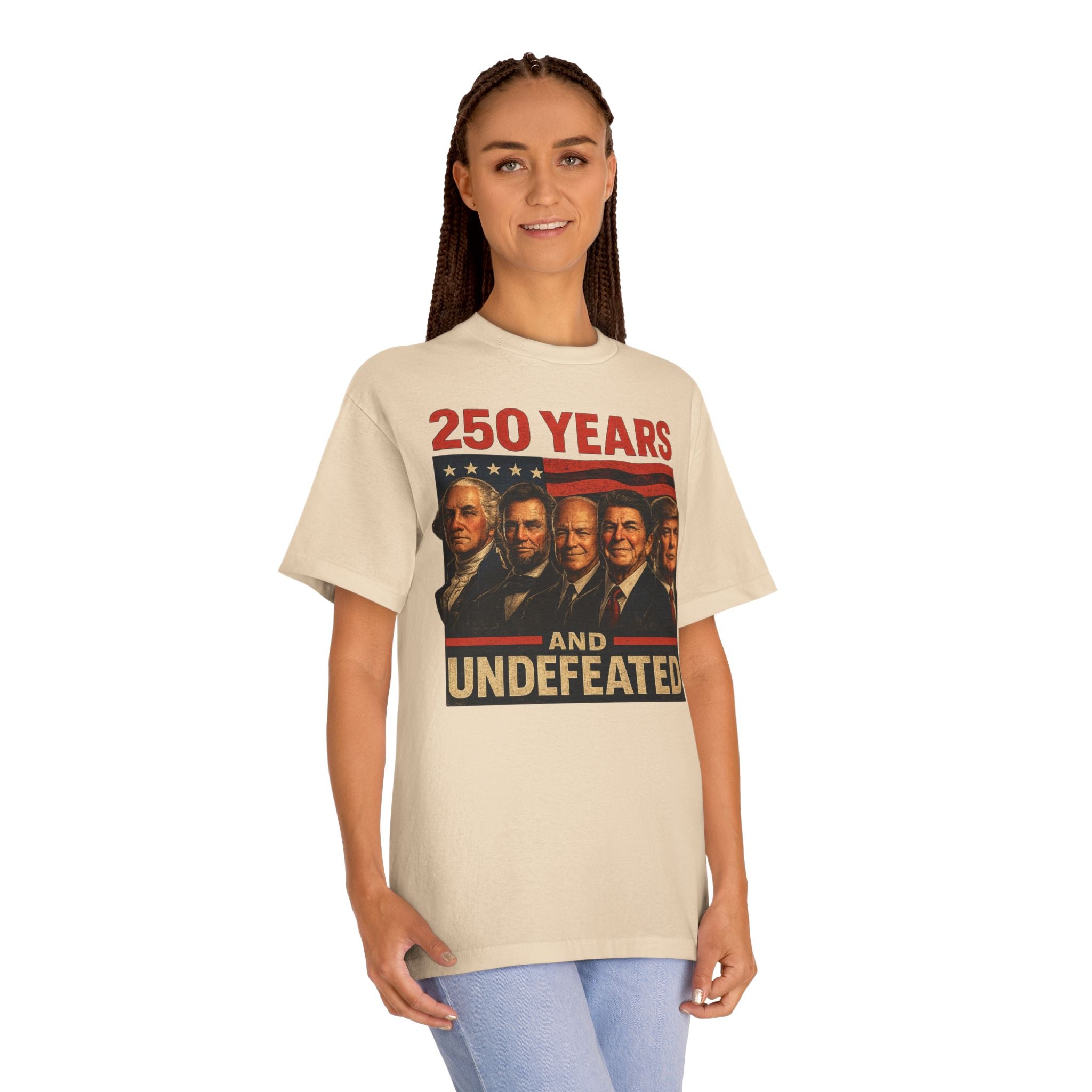 250th Patriotic Presidents Tee — Washington, Lincoln, Eisenhower, Reagan & Trump