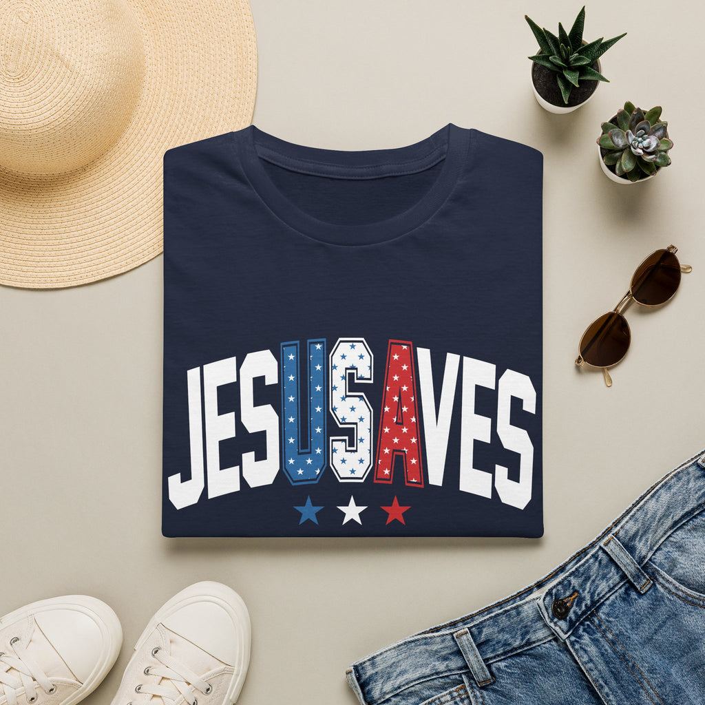 T-Shirt — JESUS SAVES Patriotic Christian Tee (Red White Blue)