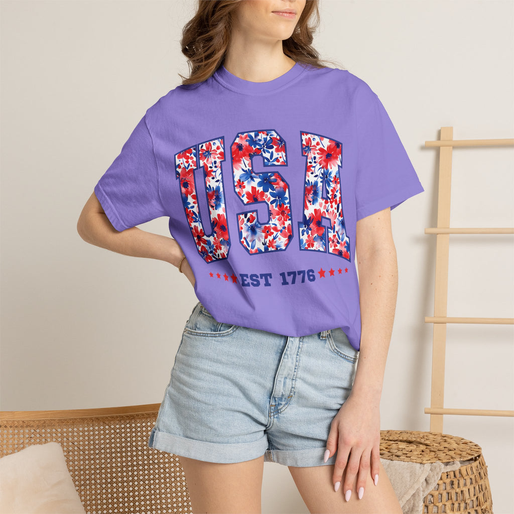 USA Floral Flag T-Shirt — "EST 1776" Patriotic Fourth of July Tee