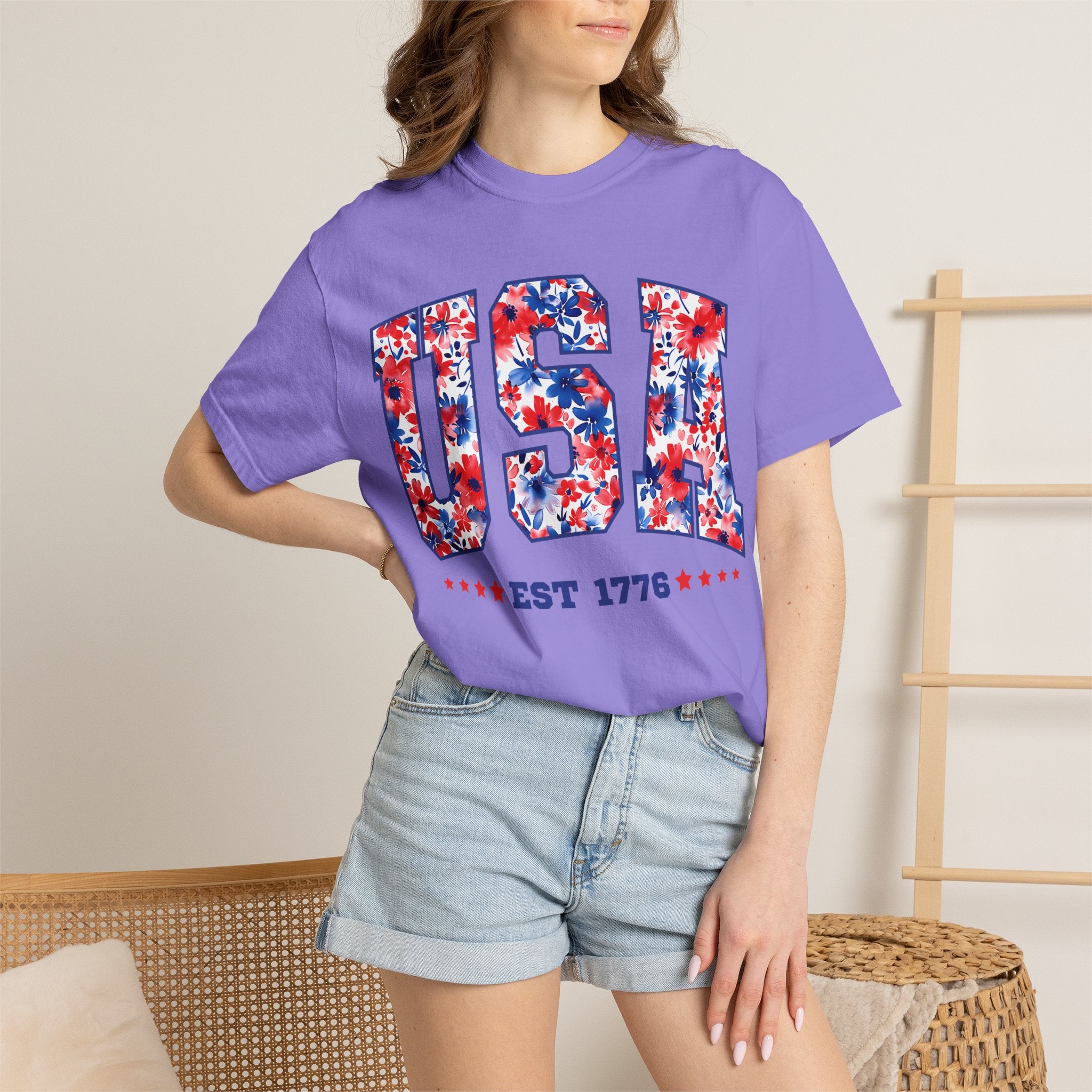 USA Floral Flag T-Shirt — "EST 1776" Patriotic Fourth of July Tee
