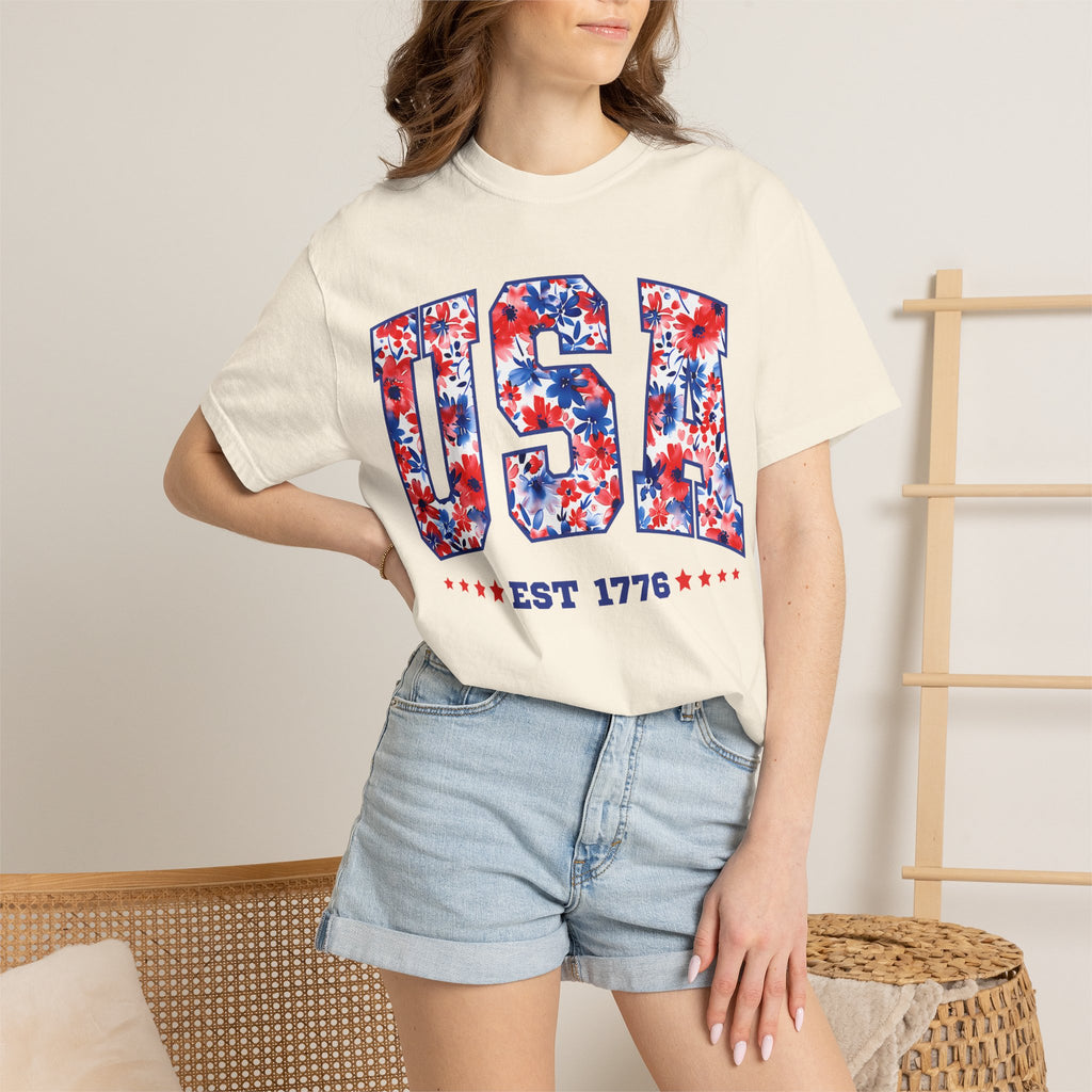 USA Floral Flag T-Shirt — "EST 1776" Patriotic Fourth of July Tee