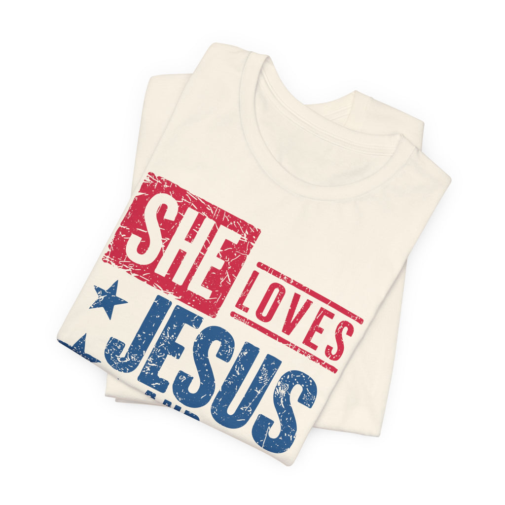 Faith & Freedom Distressed T-Shirt — "She Loves Jesus and America Too"