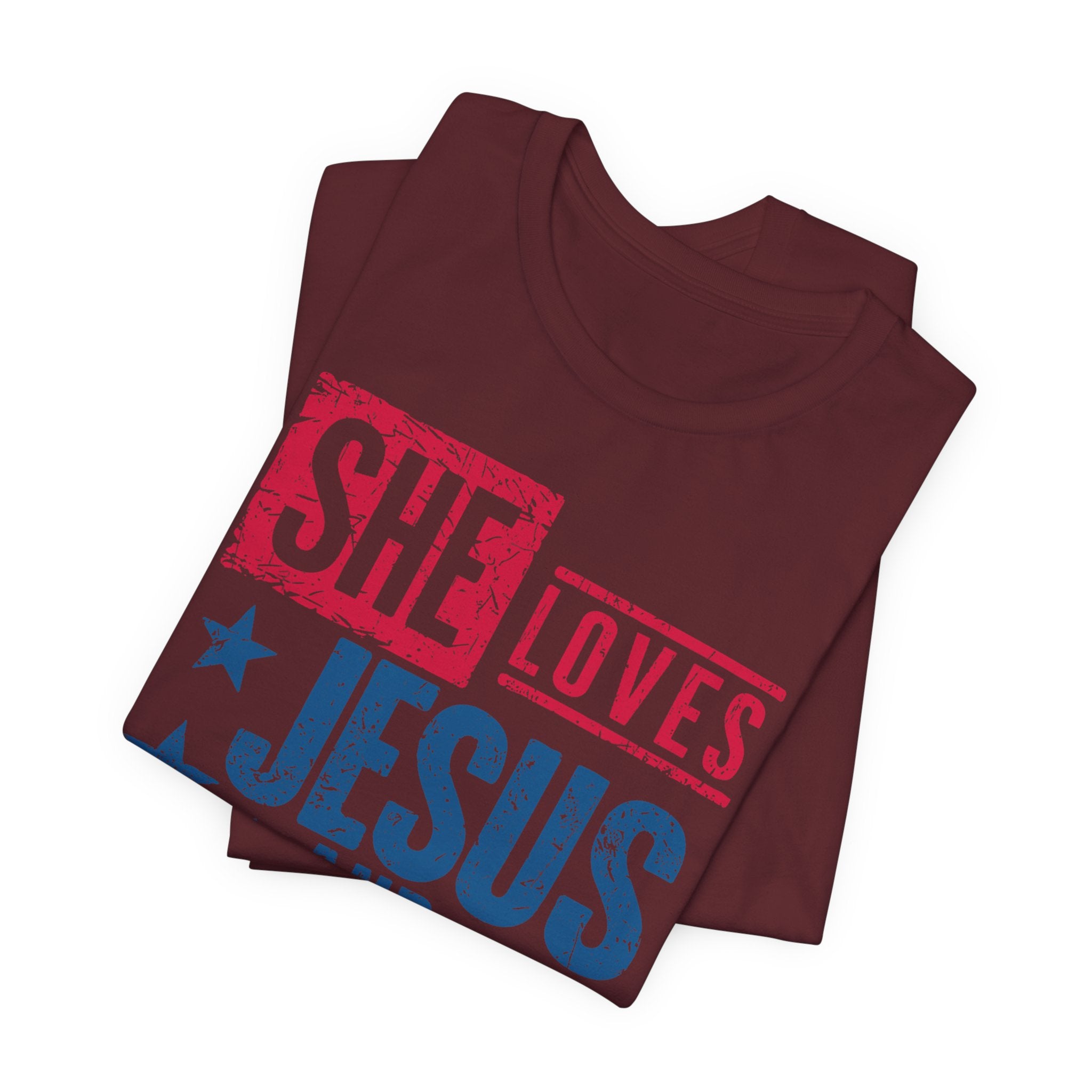 Faith & Freedom Distressed T-Shirt — "She Loves Jesus and America Too"