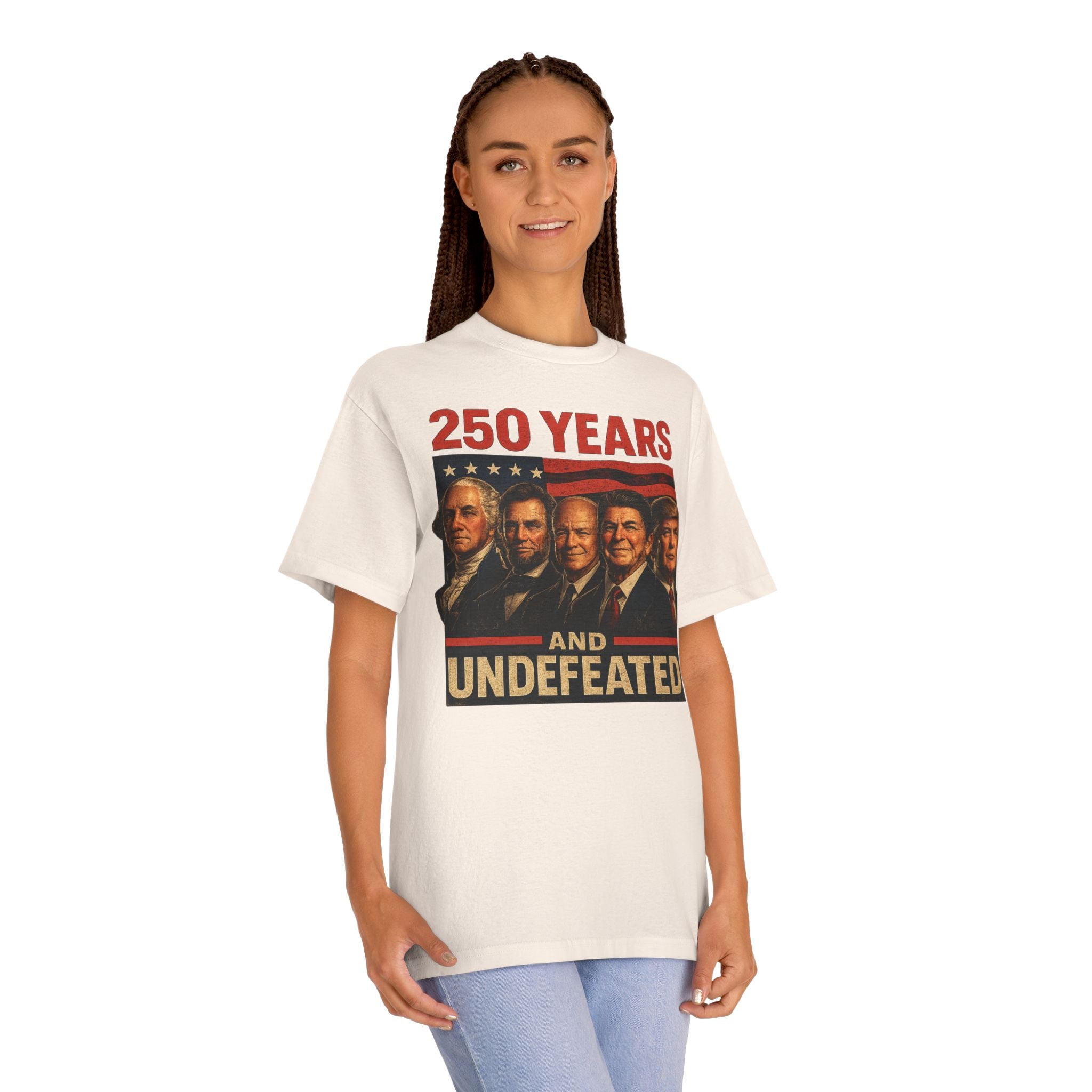 250th Patriotic Presidents Tee — Washington, Lincoln, Eisenhower, Reagan & Trump
