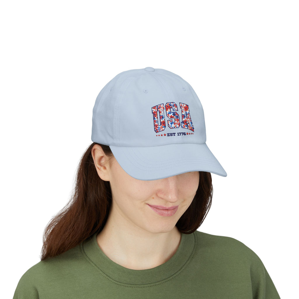 Patriotic Floral Dad Cap — Vintage American Flag Flower Baseball Hat