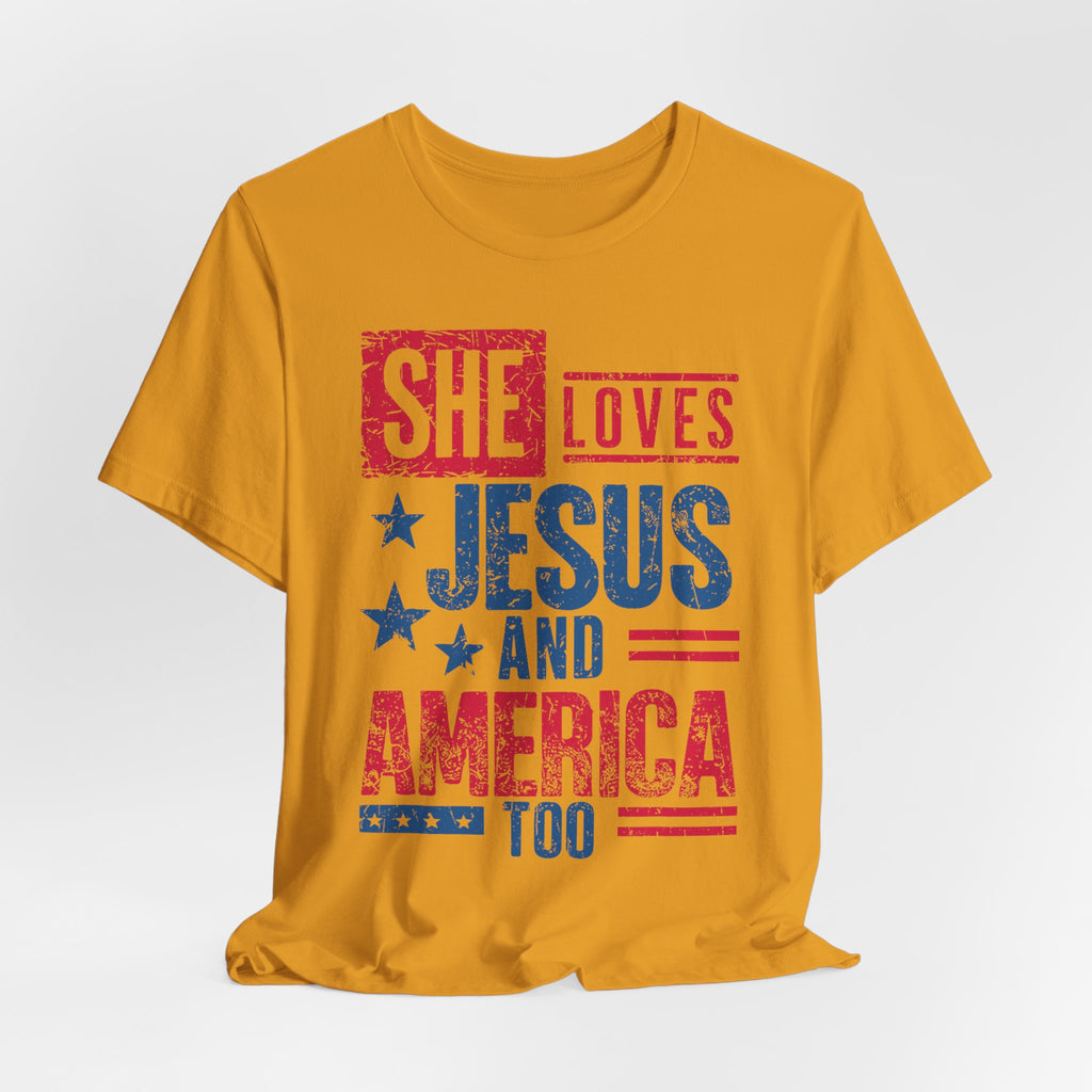 Faith & Freedom Distressed T-Shirt — "She Loves Jesus and America Too"