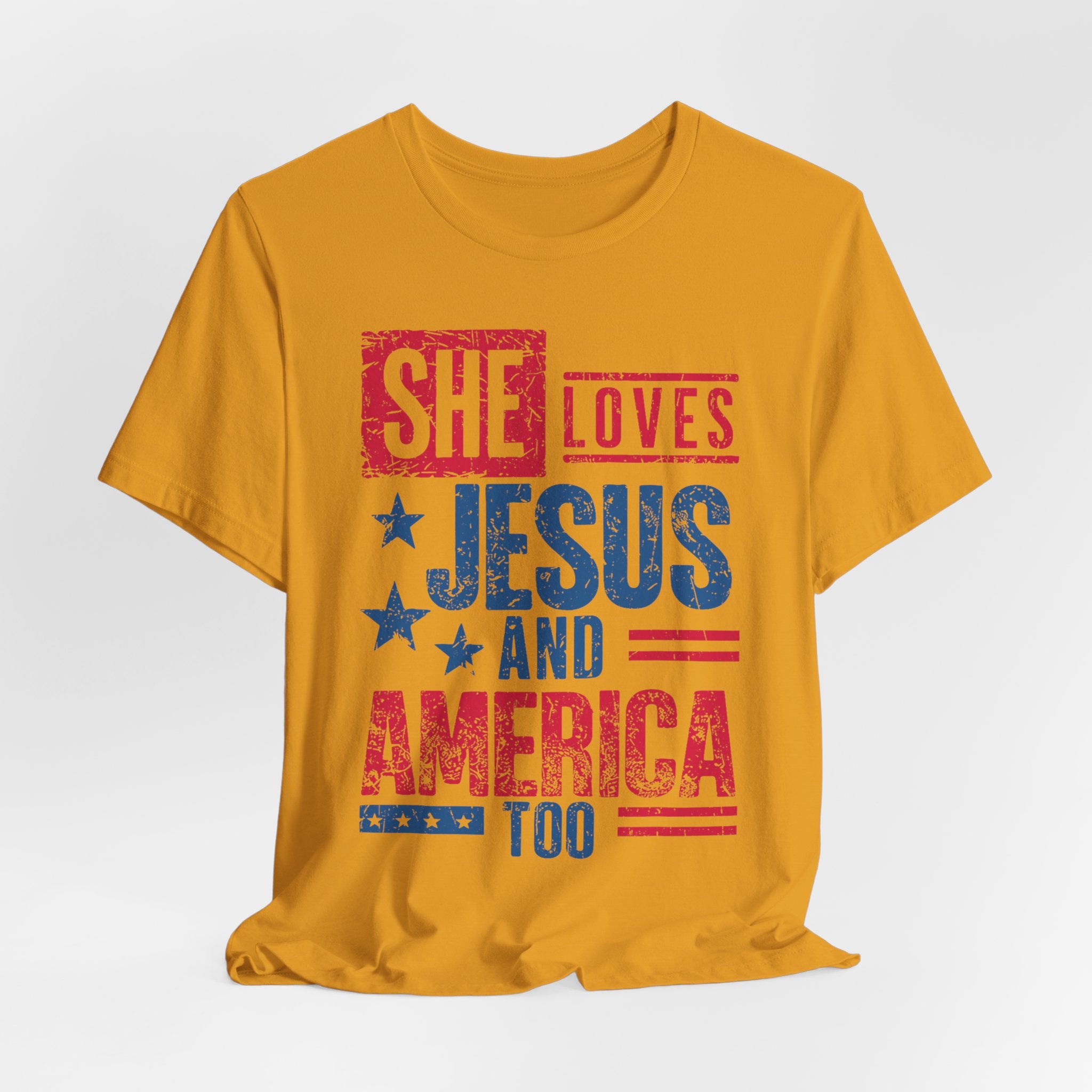 Faith & Freedom Distressed T-Shirt — "She Loves Jesus and America Too"