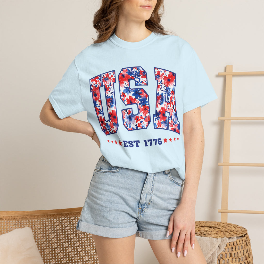 USA Floral Flag T-Shirt — "EST 1776" Patriotic Fourth of July Tee