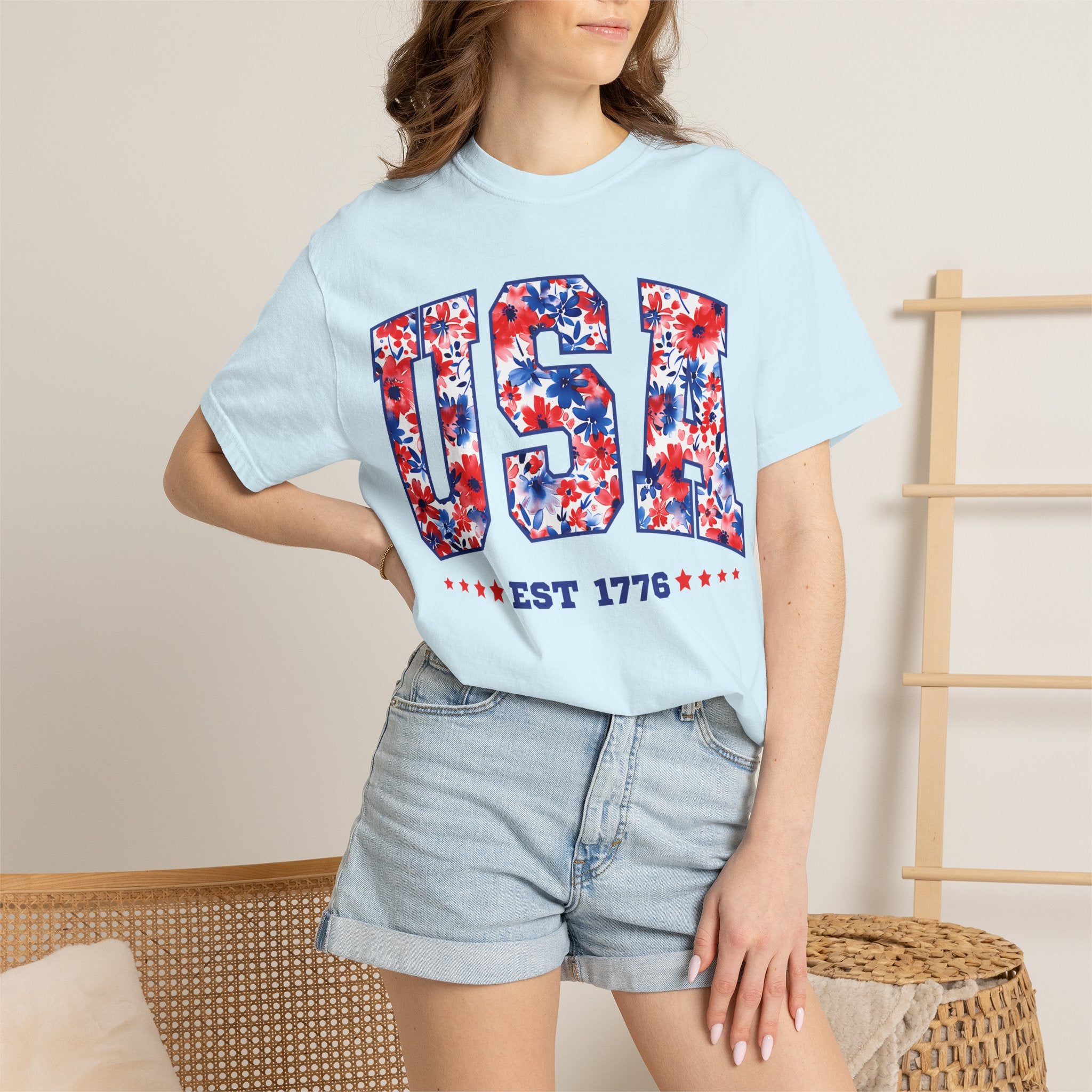 USA Floral Flag T-Shirt — "EST 1776" Patriotic Fourth of July Tee