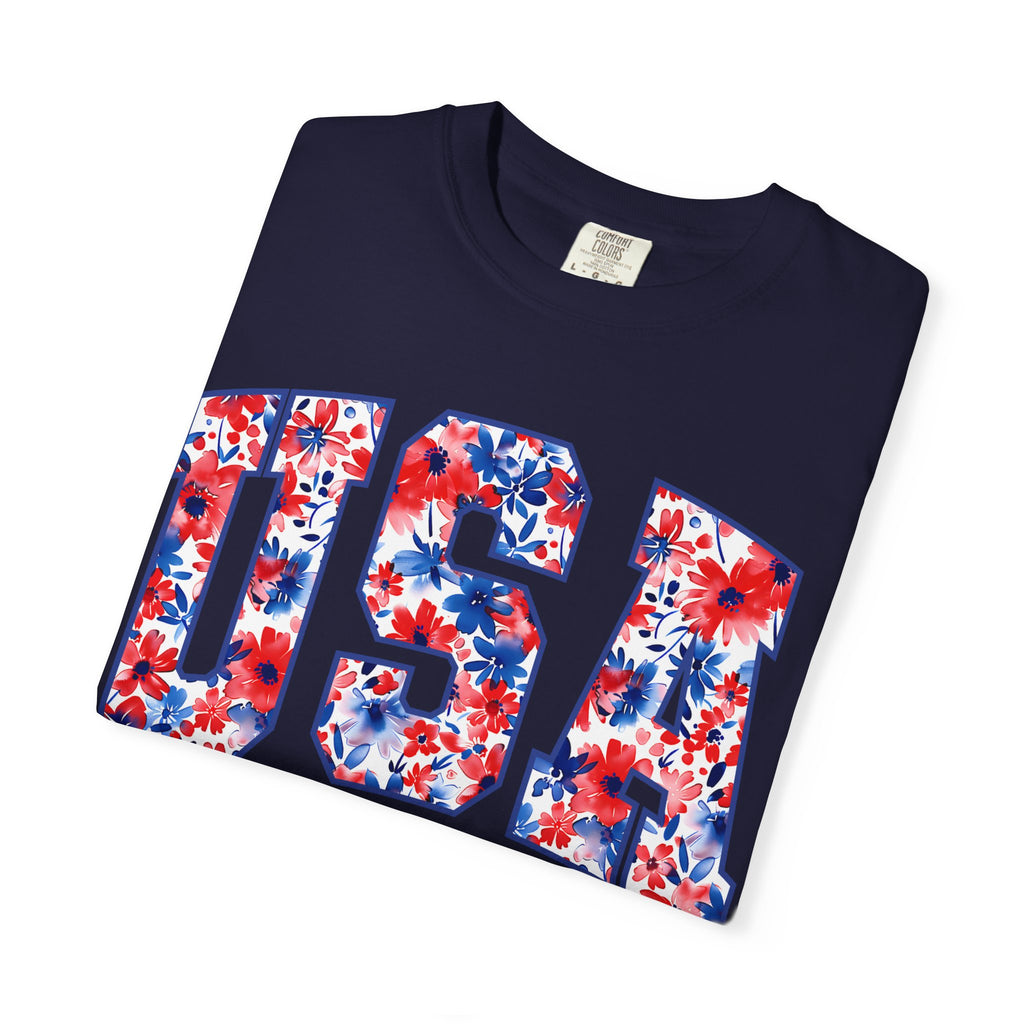 USA Floral Flag T-Shirt — "EST 1776" Patriotic Fourth of July Tee