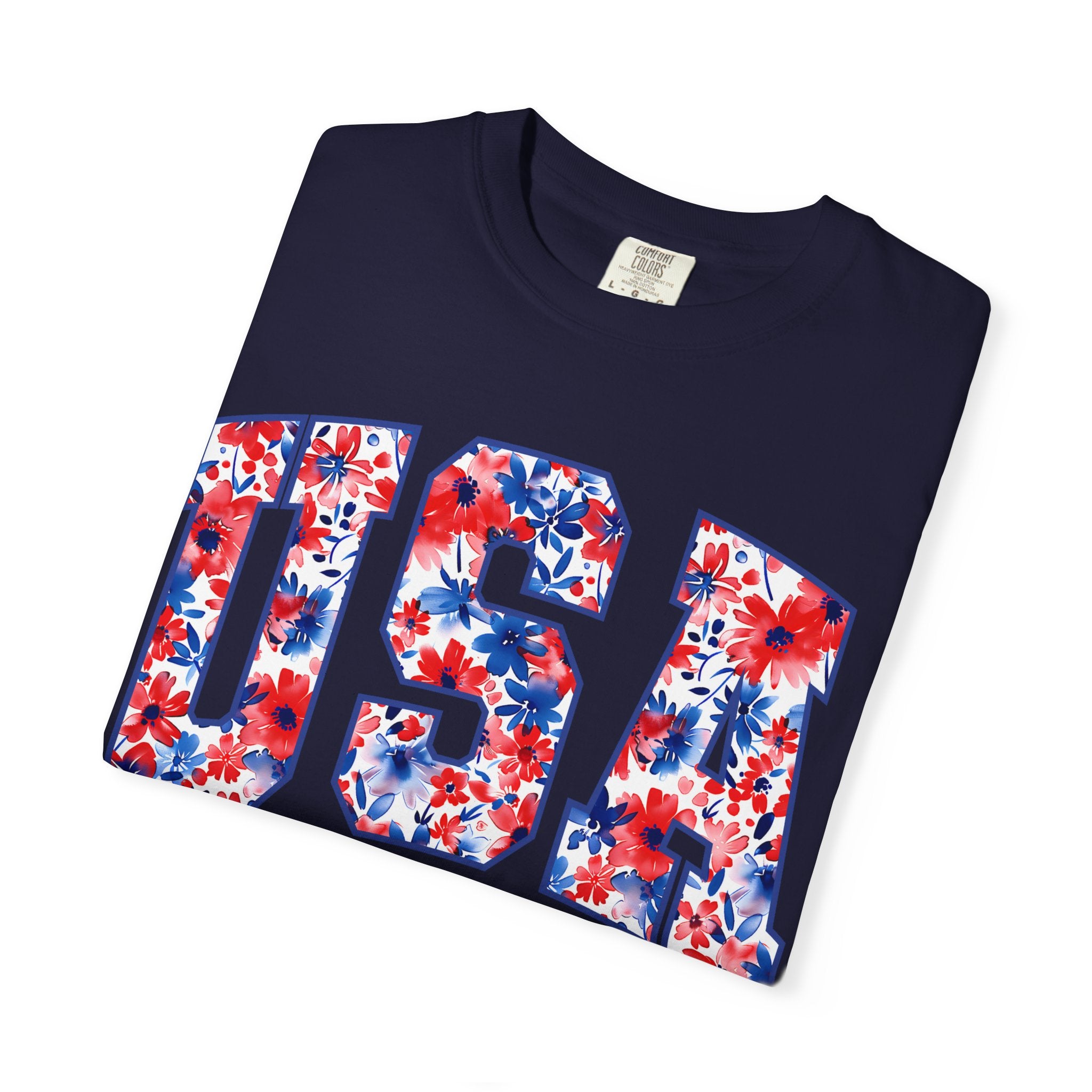 USA Floral Flag T-Shirt — "EST 1776" Patriotic Fourth of July Tee