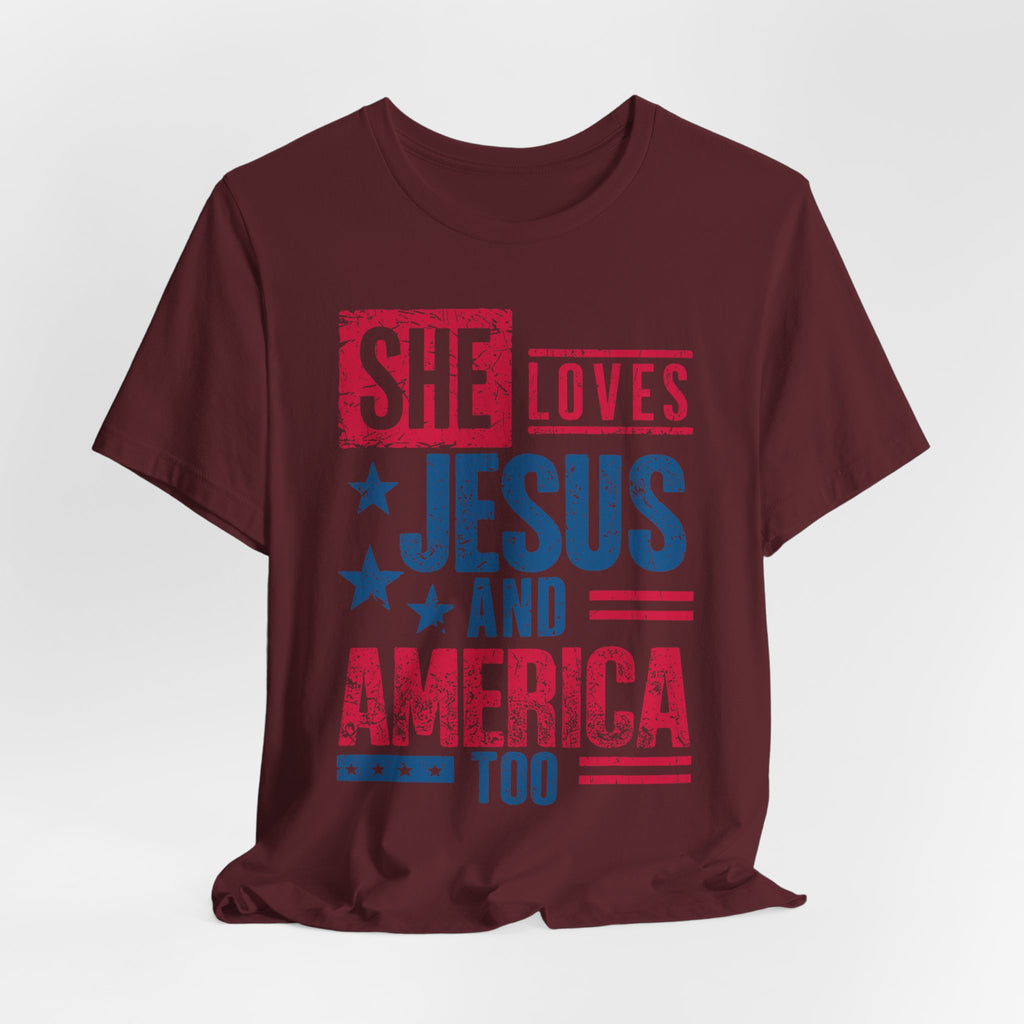 Faith & Freedom Distressed T-Shirt — "She Loves Jesus and America Too"