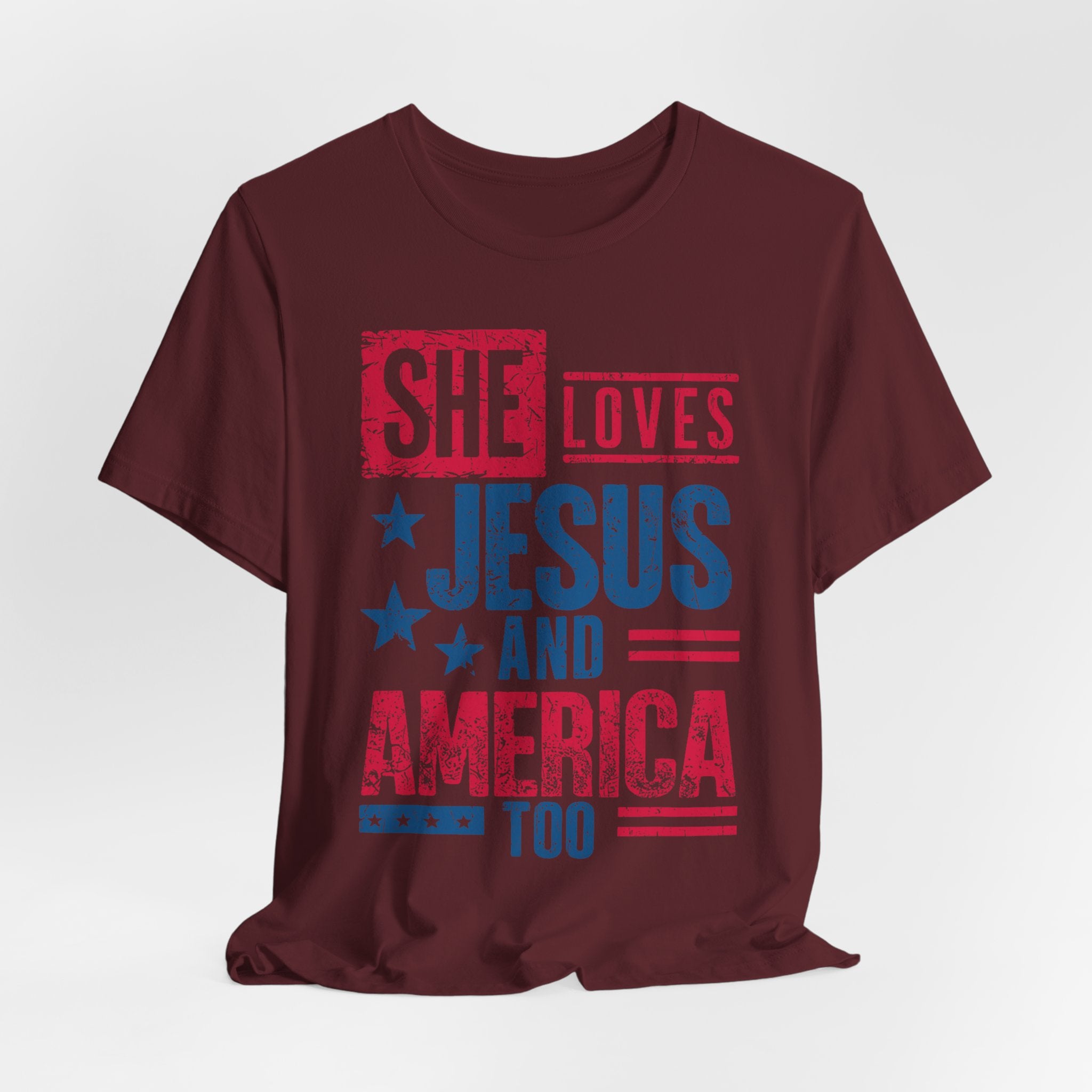 Faith & Freedom Distressed T-Shirt — "She Loves Jesus and America Too"