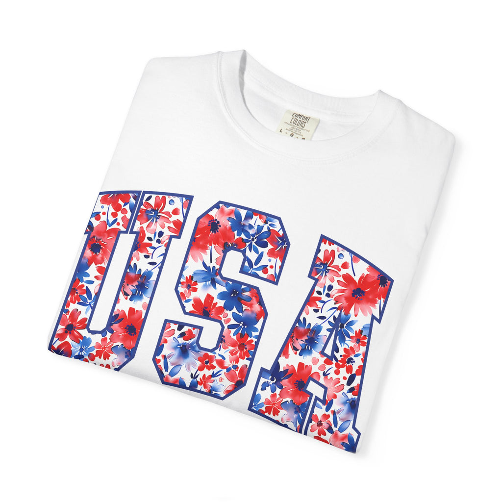 USA Floral Flag T-Shirt — "EST 1776" Patriotic Fourth of July Tee