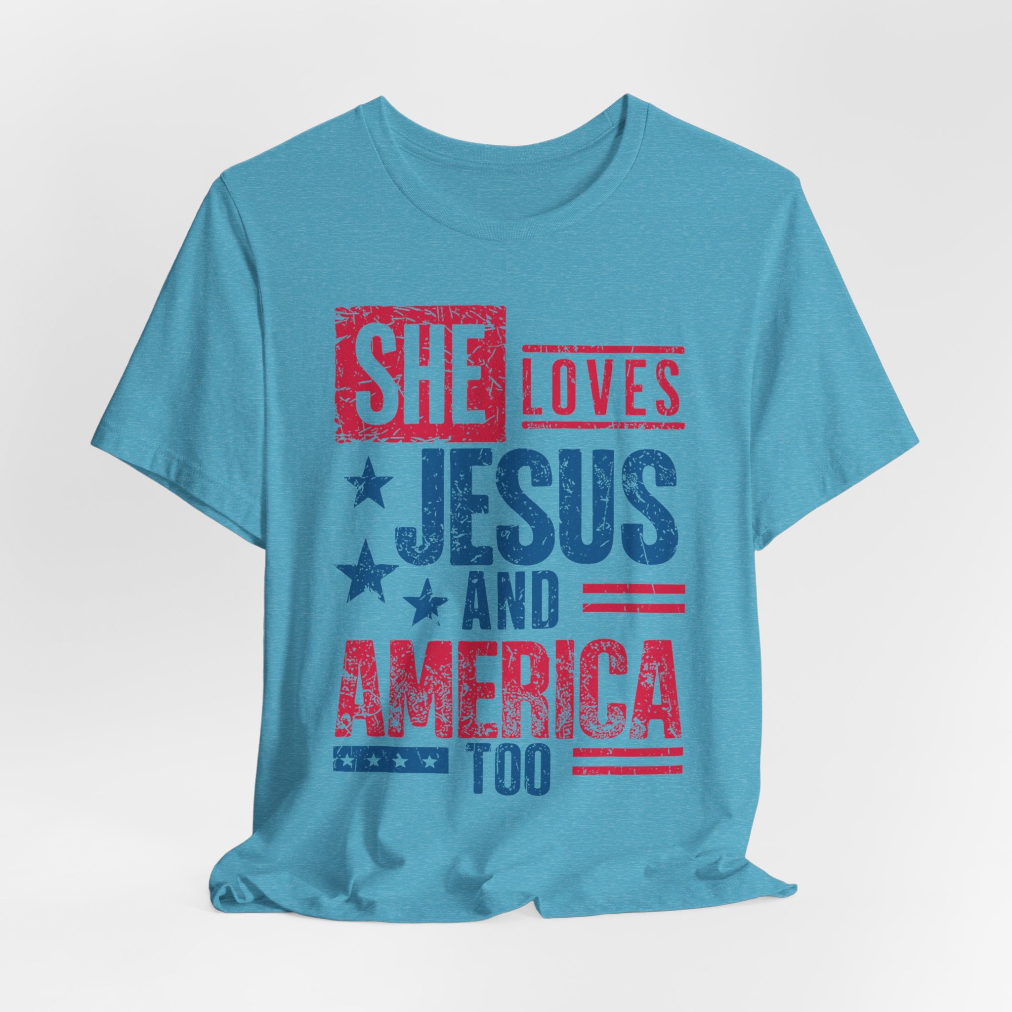 Faith & Freedom Distressed T-Shirt — "She Loves Jesus and America Too"