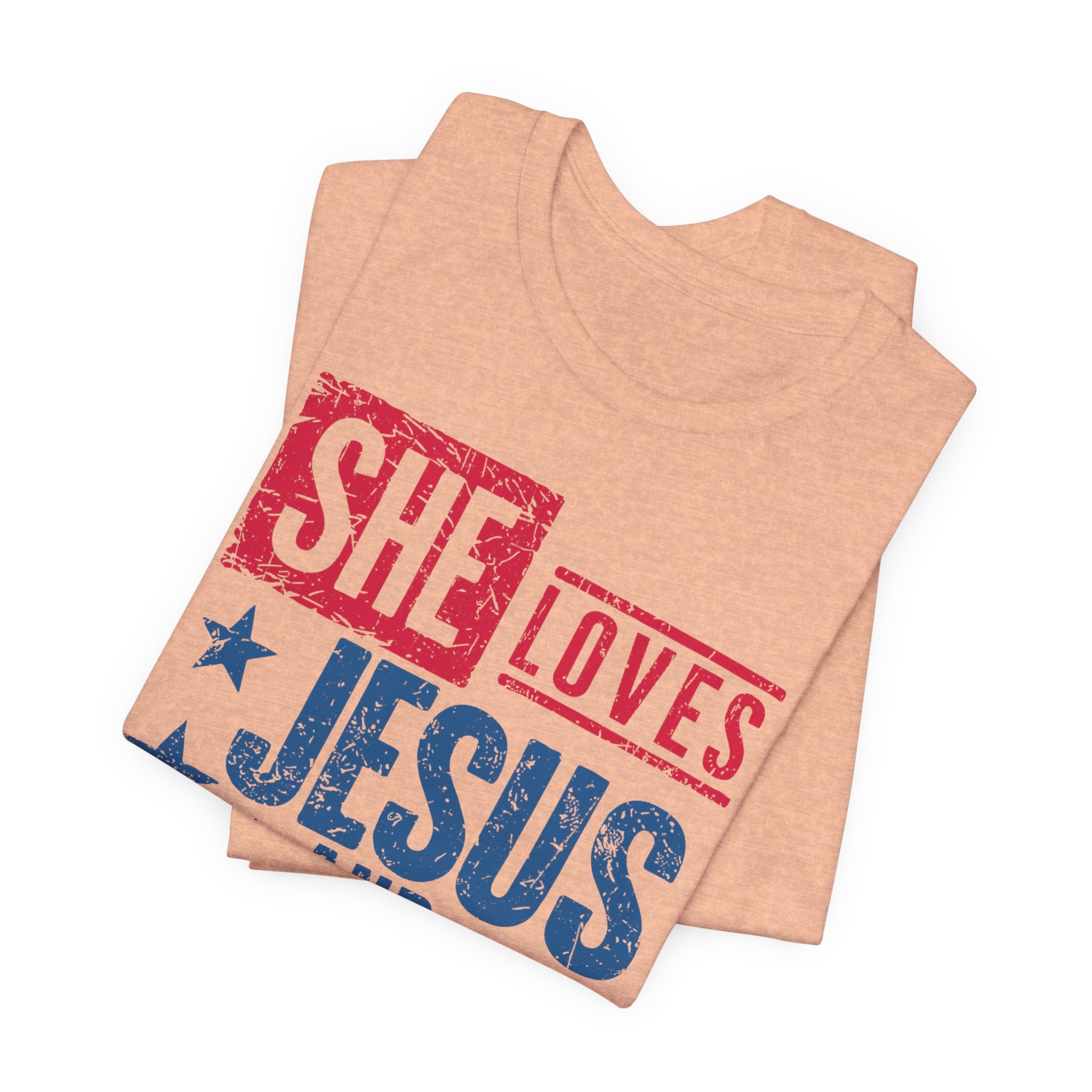 Faith & Freedom Distressed T-Shirt — "She Loves Jesus and America Too"