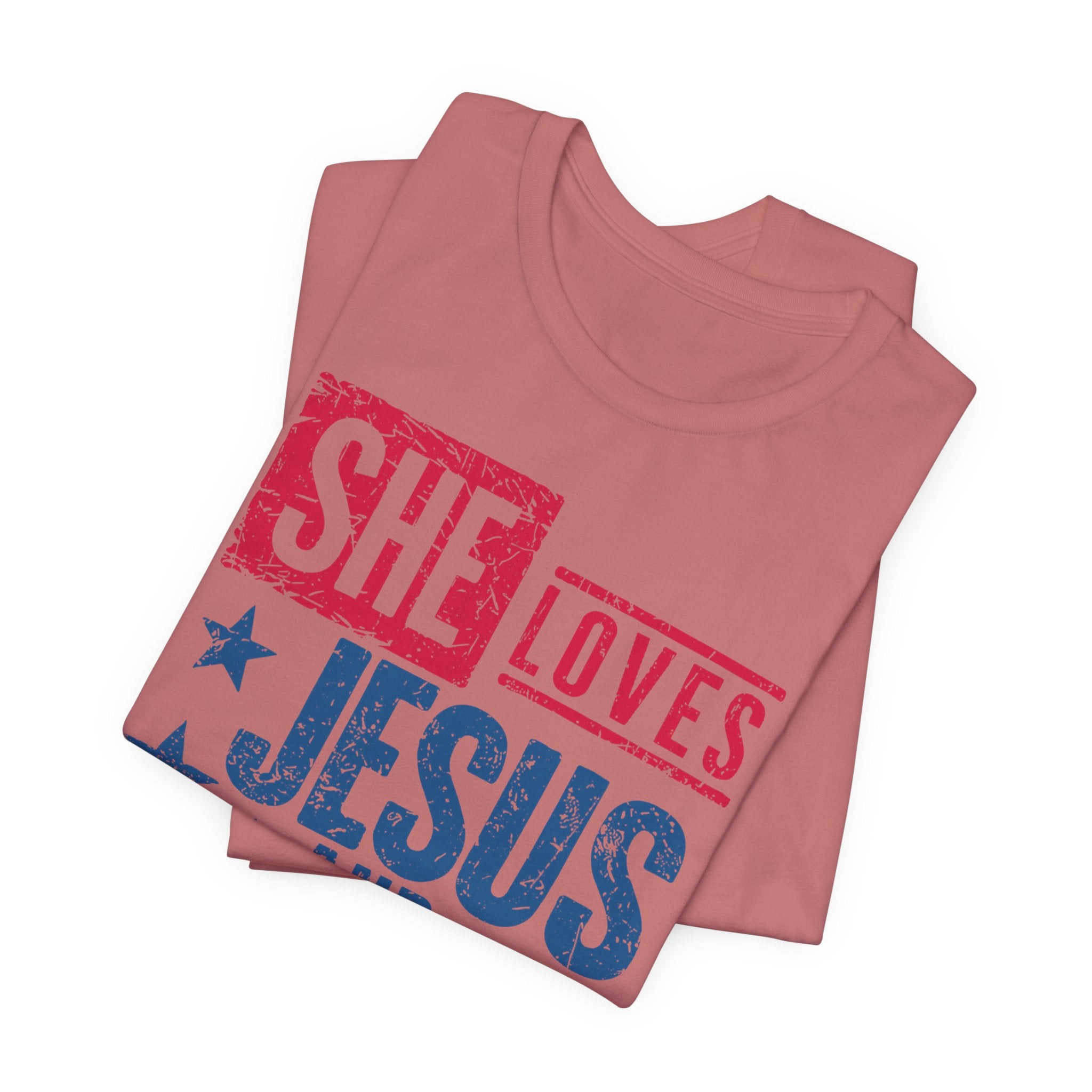 Faith & Freedom Distressed T-Shirt — "She Loves Jesus and America Too"
