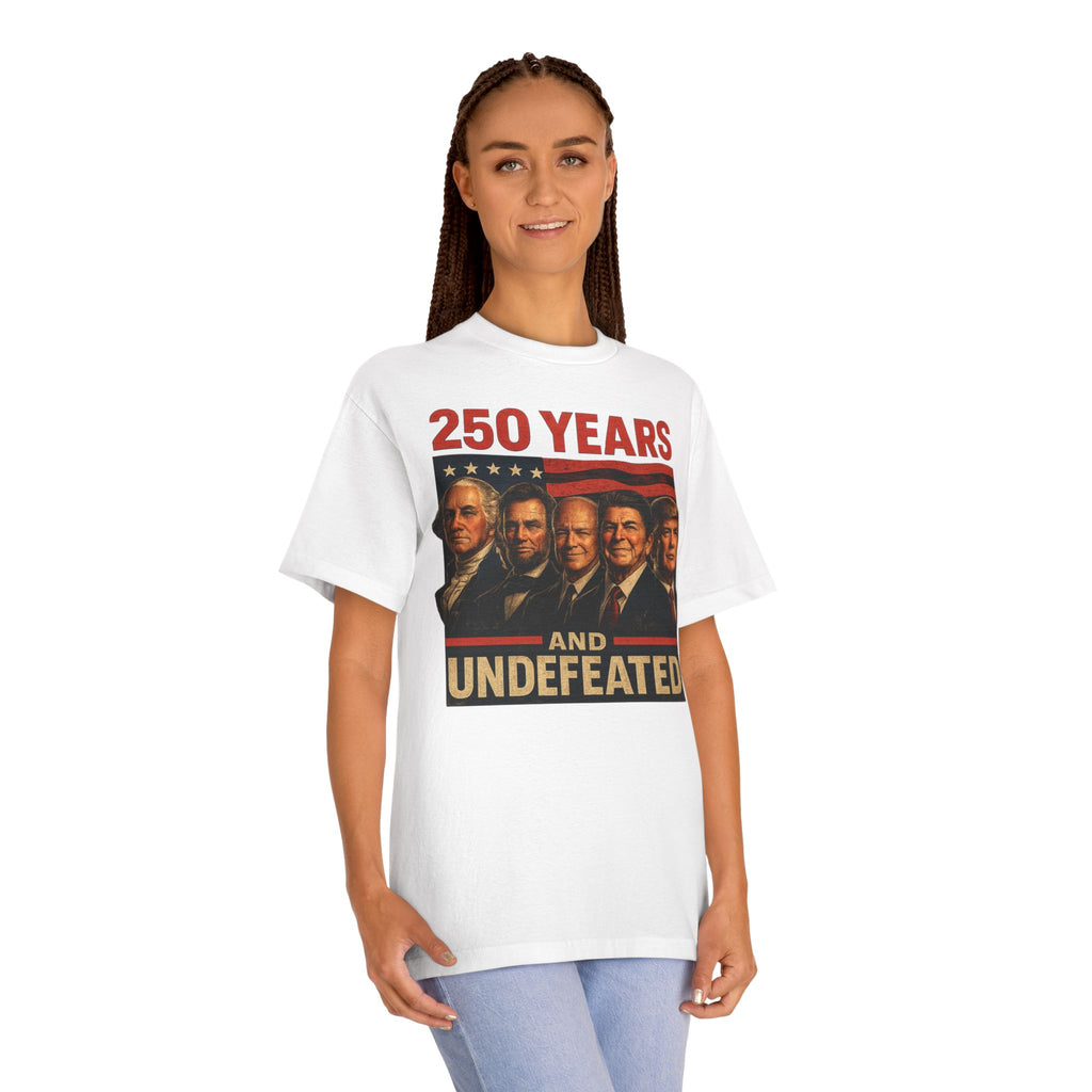 250th Patriotic Presidents Tee — Washington, Lincoln, Eisenhower, Reagan & Trump