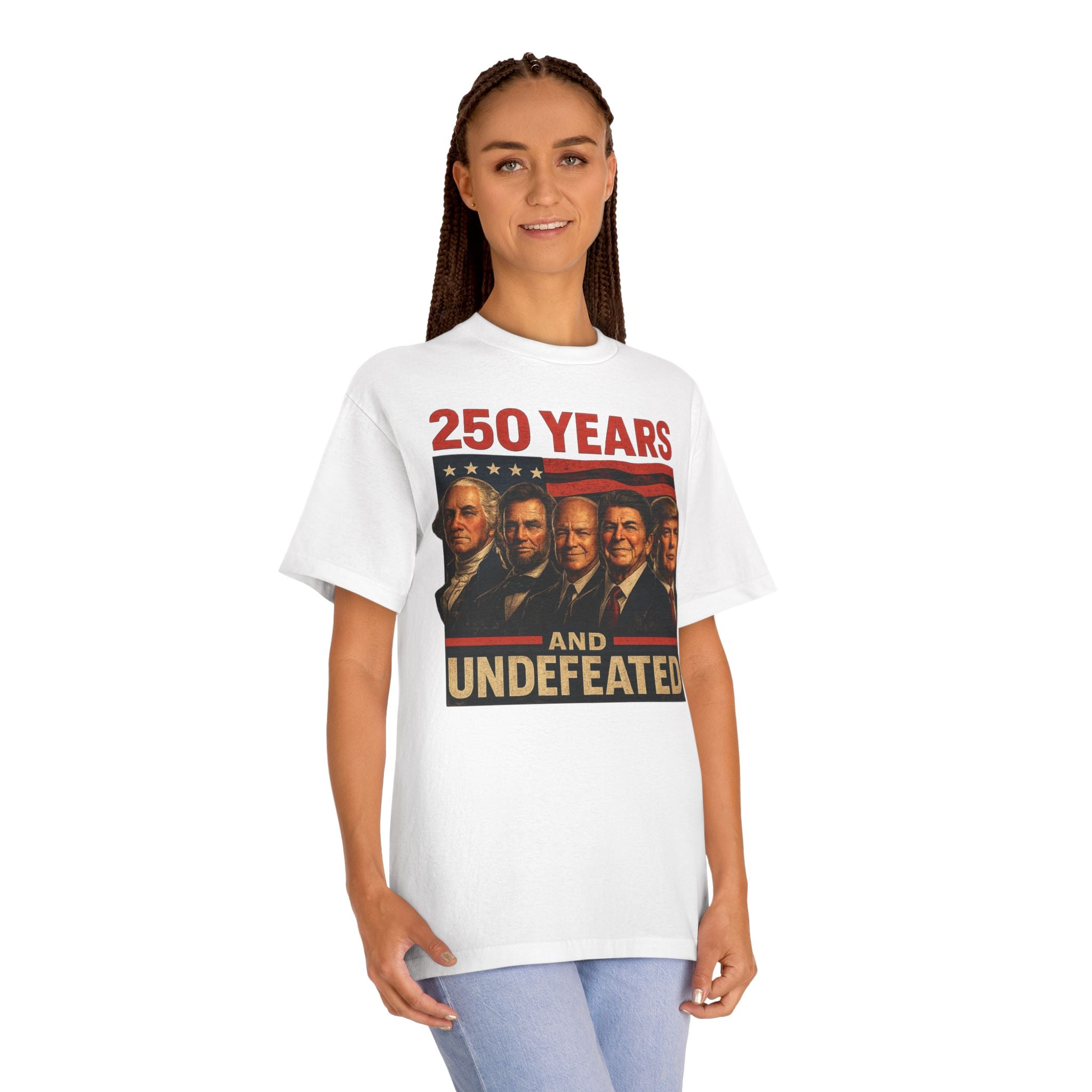 250th Patriotic Presidents Tee — Washington, Lincoln, Eisenhower, Reagan & Trump