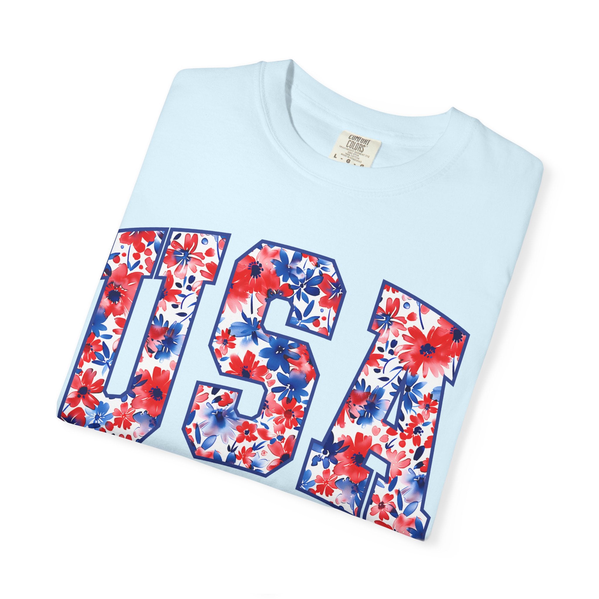 USA Floral Flag T-Shirt — "EST 1776" Patriotic Fourth of July Tee