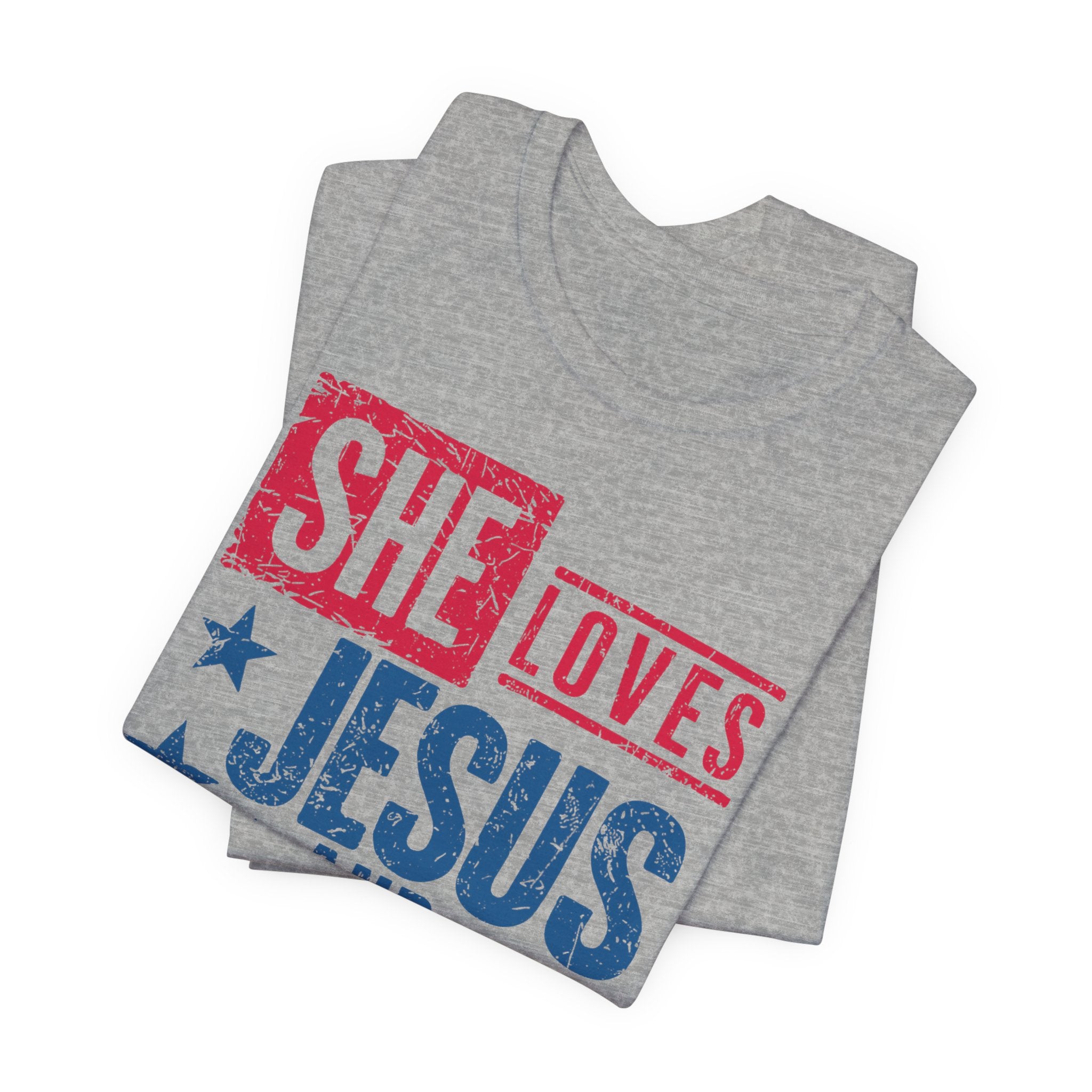 Faith & Freedom Distressed T-Shirt — "She Loves Jesus and America Too"