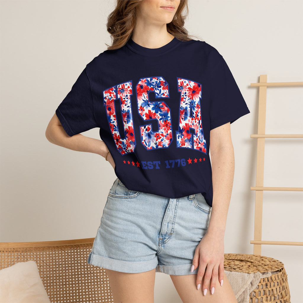 USA Floral Flag T-Shirt — "EST 1776" Patriotic Fourth of July Tee