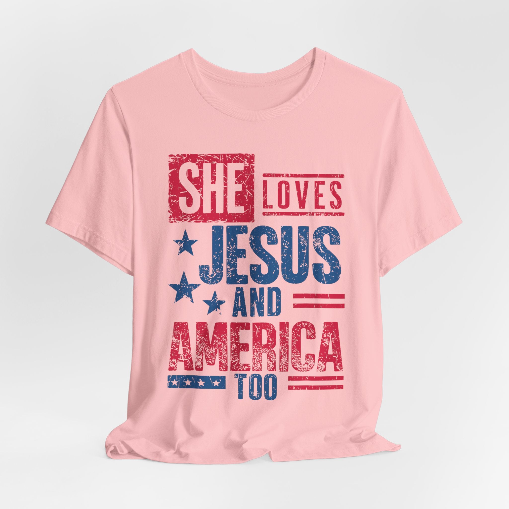 Faith & Freedom Distressed T-Shirt — "She Loves Jesus and America Too"