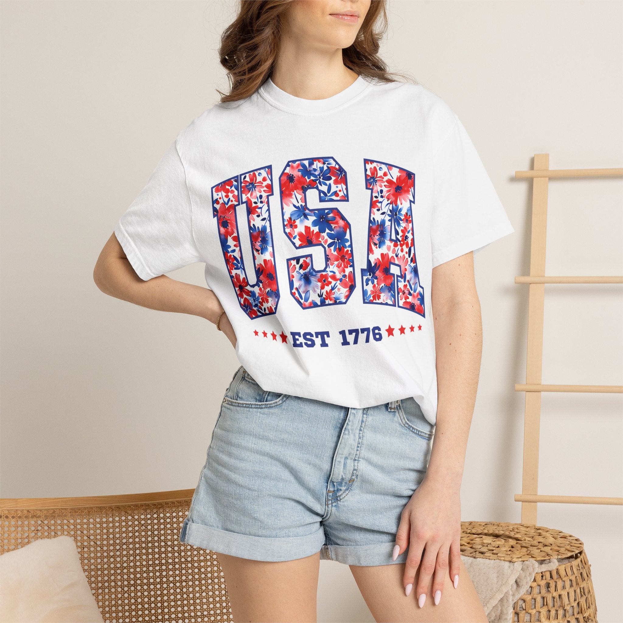 USA Floral Flag T-Shirt — "EST 1776" Patriotic Fourth of July Tee