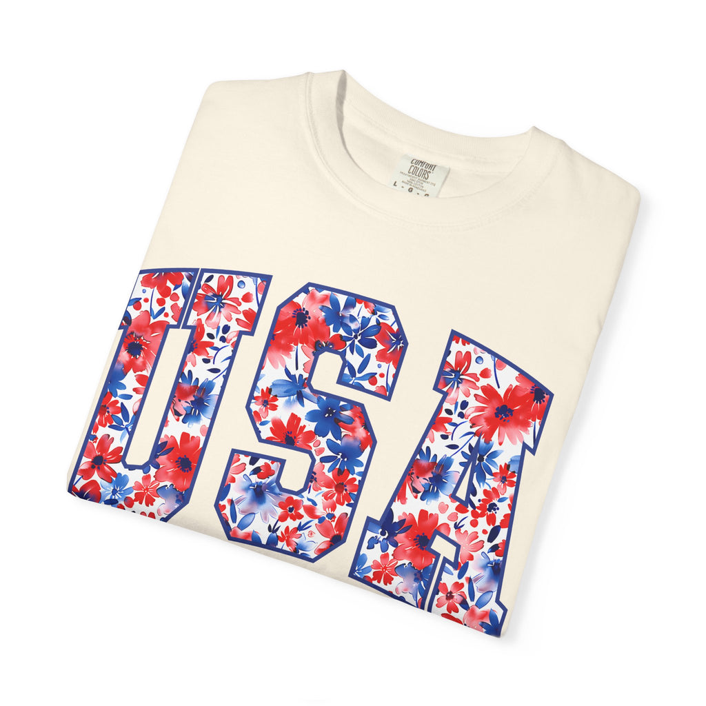USA Floral Flag T-Shirt — "EST 1776" Patriotic Fourth of July Tee