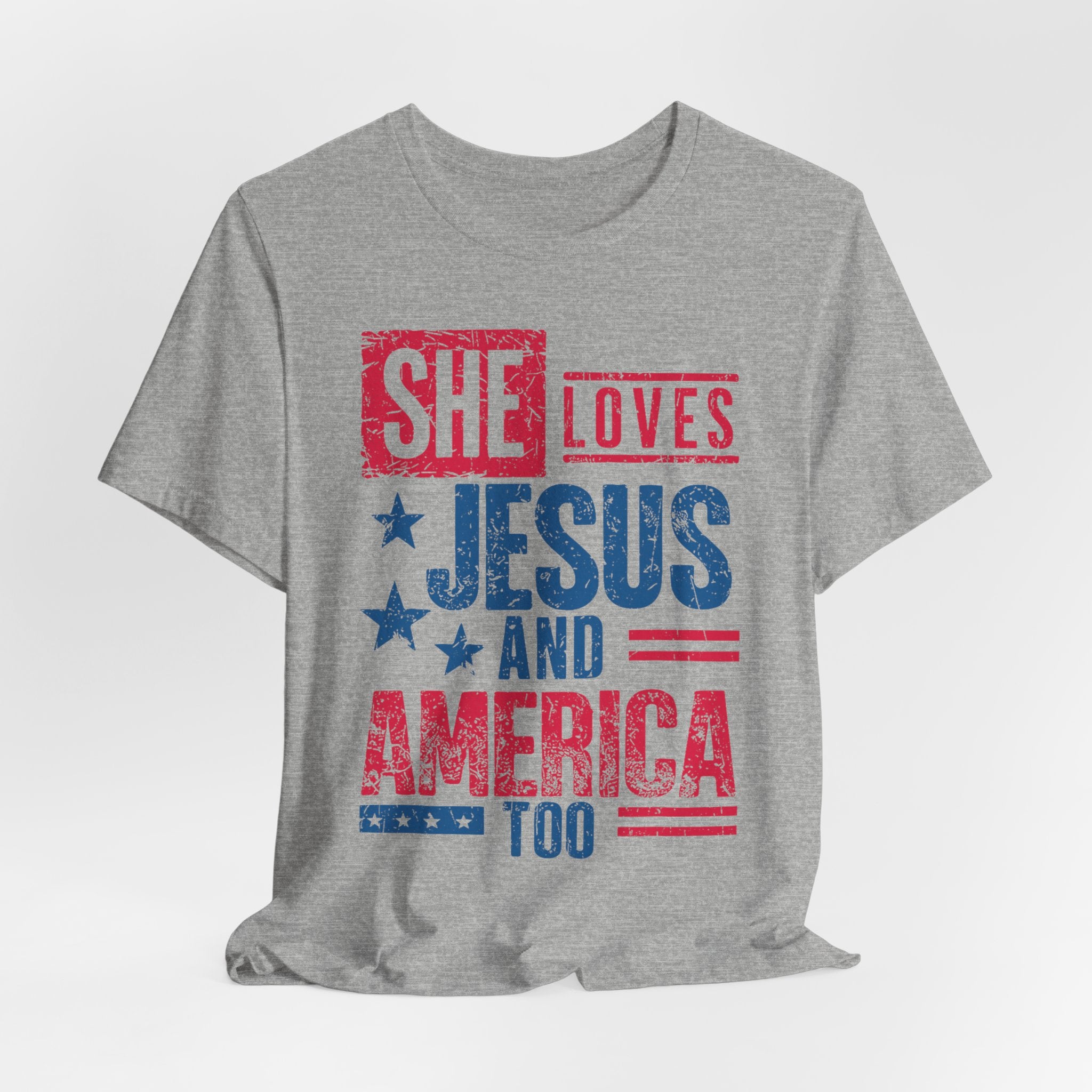 Faith & Freedom Distressed T-Shirt — "She Loves Jesus and America Too"