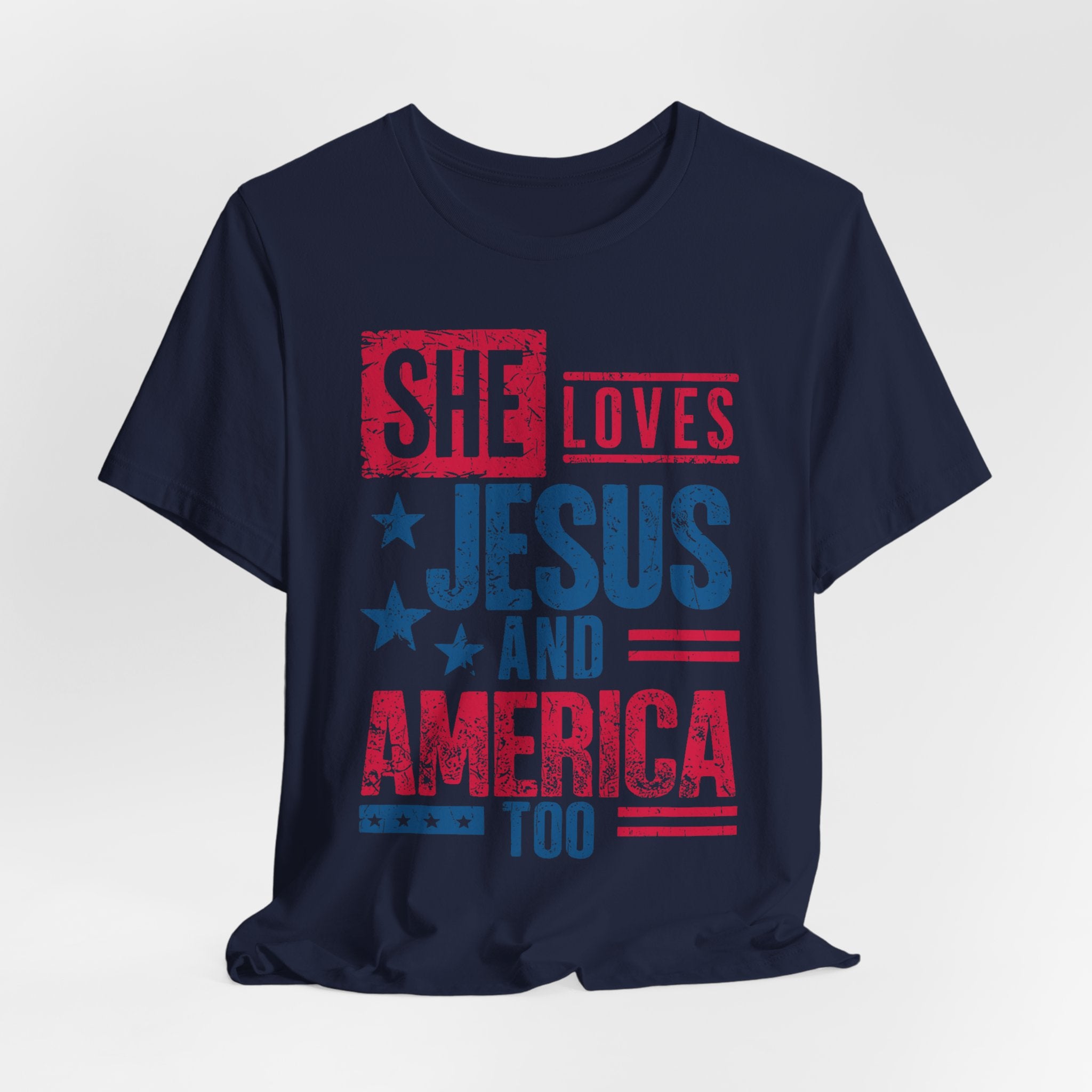 Faith & Freedom Distressed T-Shirt — "She Loves Jesus and America Too"