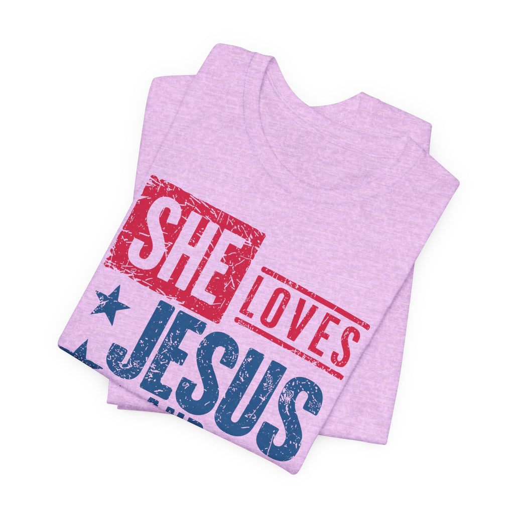 Faith & Freedom Distressed T-Shirt — "She Loves Jesus and America Too"