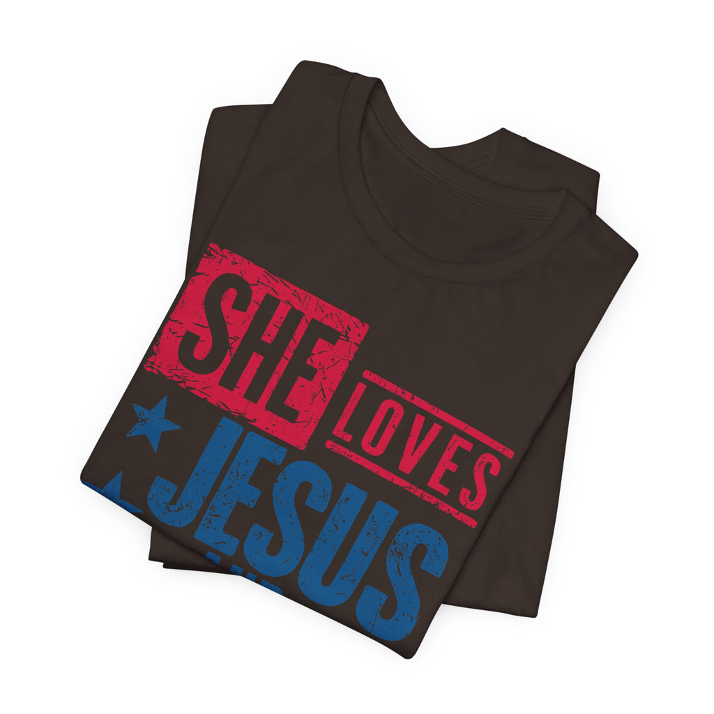 Faith & Freedom Distressed T-Shirt — "She Loves Jesus and America Too"