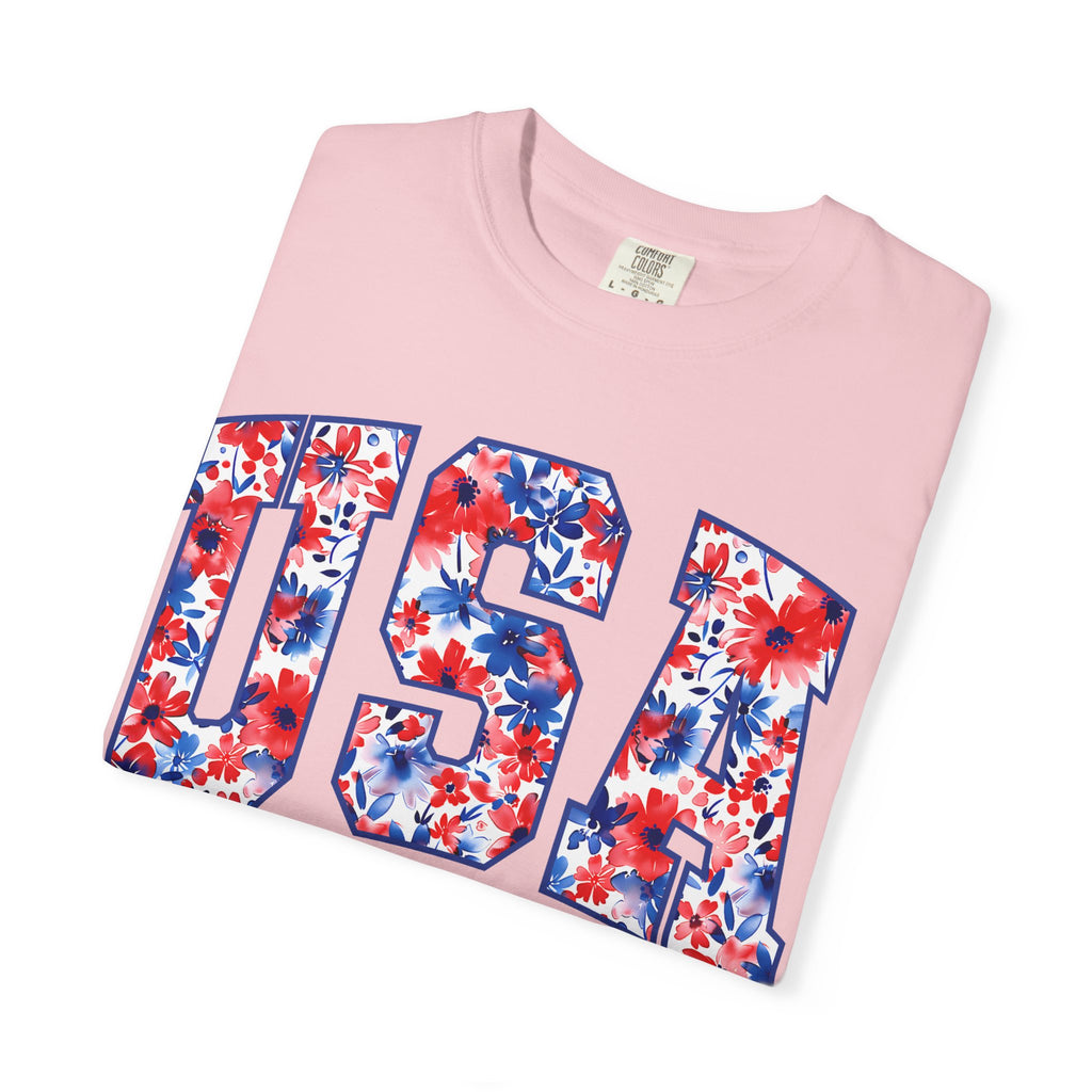 USA Floral Flag T-Shirt — "EST 1776" Patriotic Fourth of July Tee
