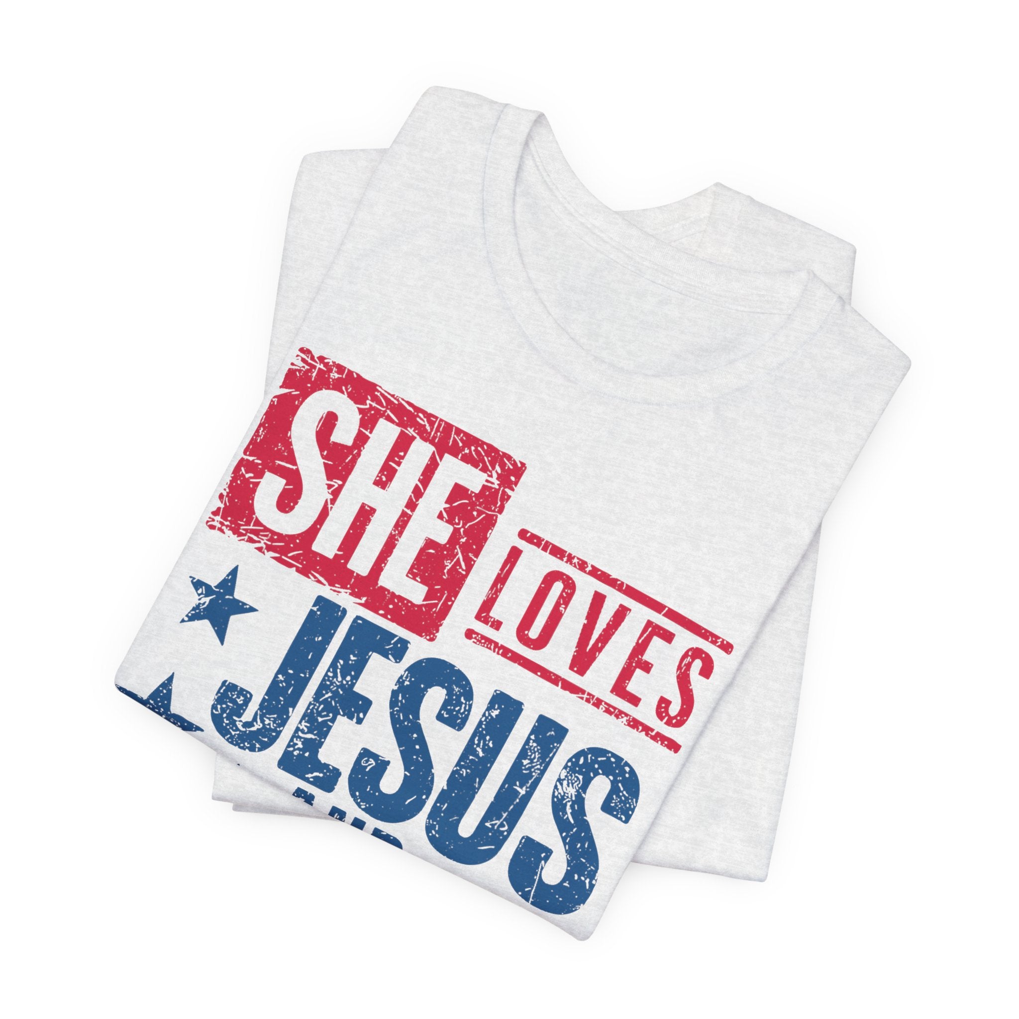 Faith & Freedom Distressed T-Shirt — "She Loves Jesus and America Too"